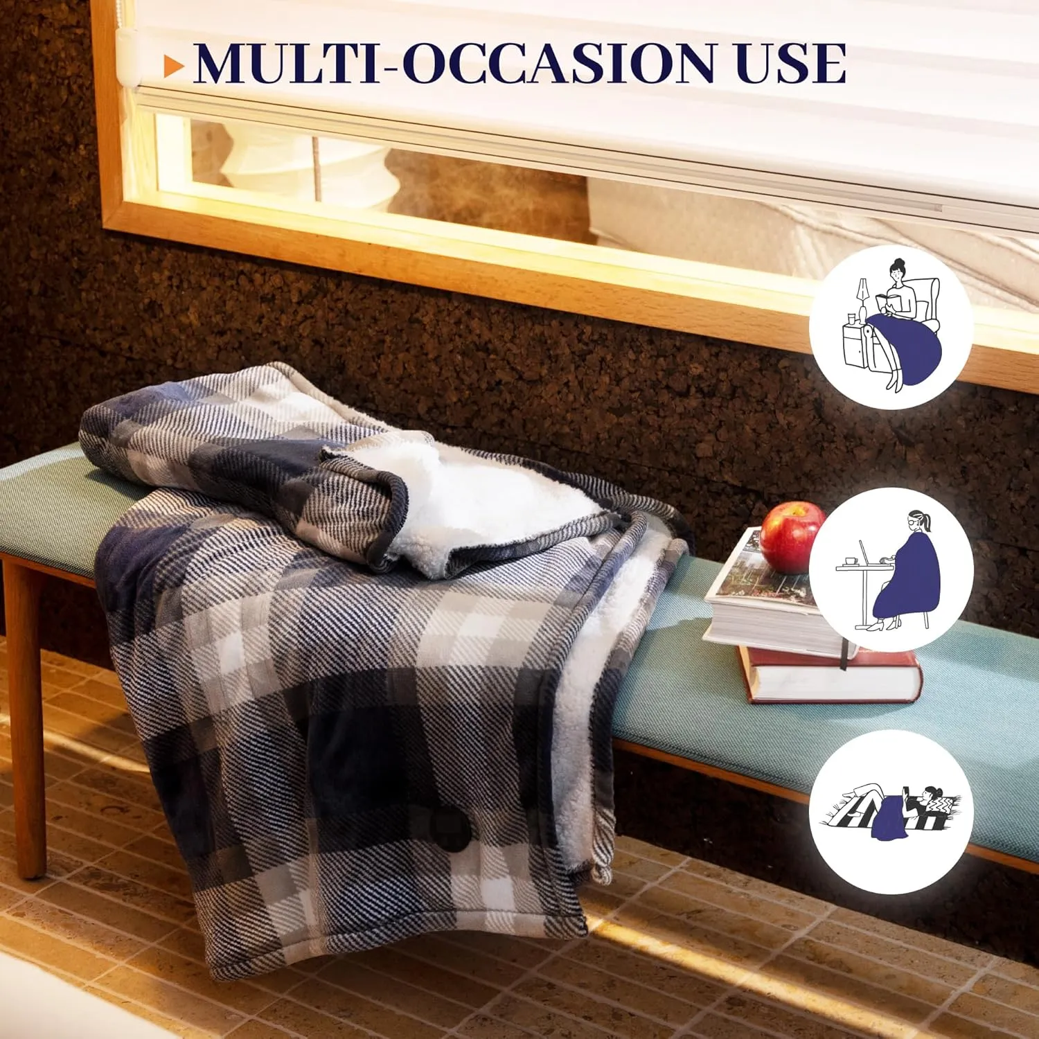 GOTCOZY Heated Blanket Electric Throw 50''X60''- Electric Throw Blanket with One Touch Button 10 Heating Level & 9 Time Settings Heating Blanket, Machine Washable (Check Navy)