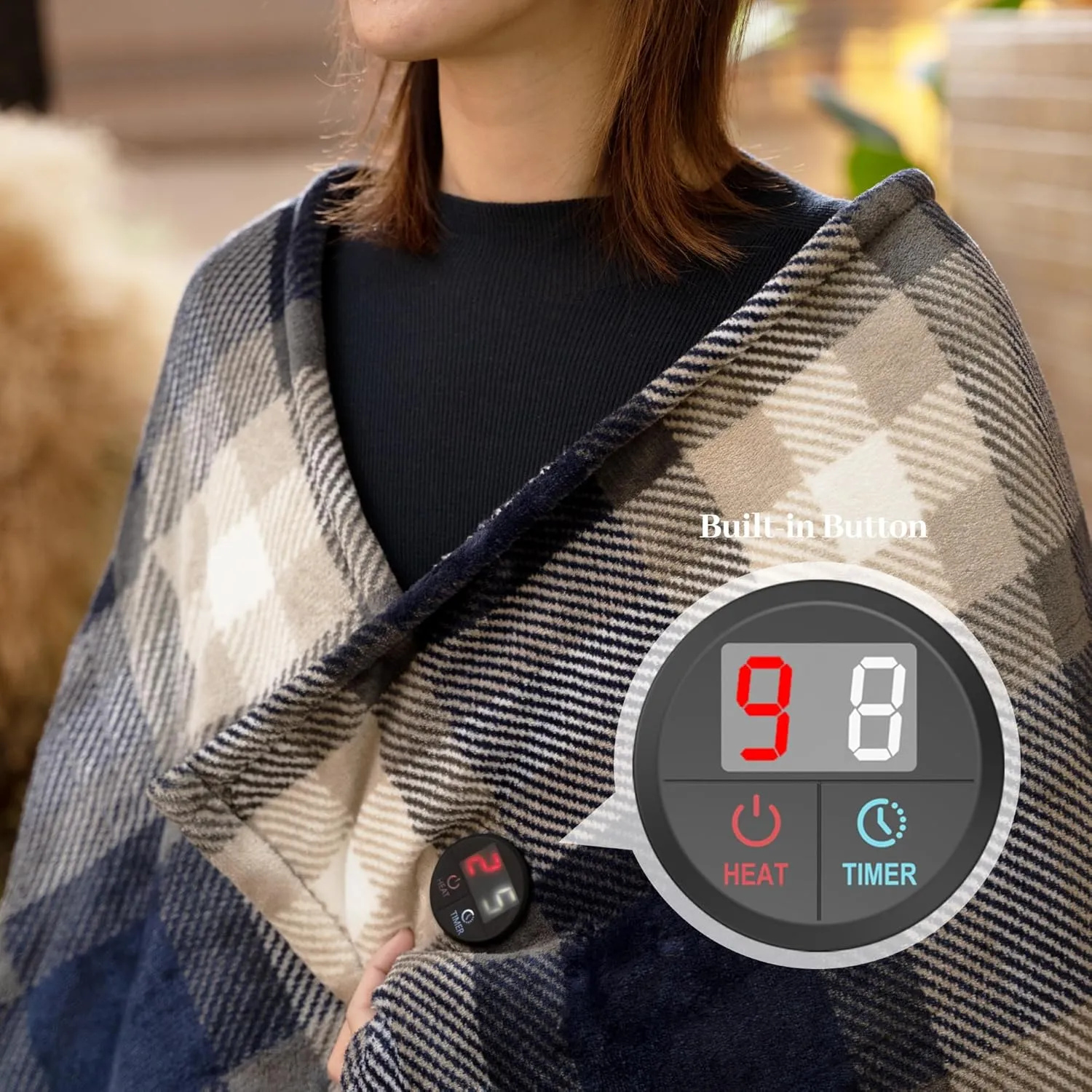 GOTCOZY Heated Blanket Electric Throw 50''X60''- Electric Throw Blanket with One Touch Button 10 Heating Level & 9 Time Settings Heating Blanket, Machine Washable (Check Navy)