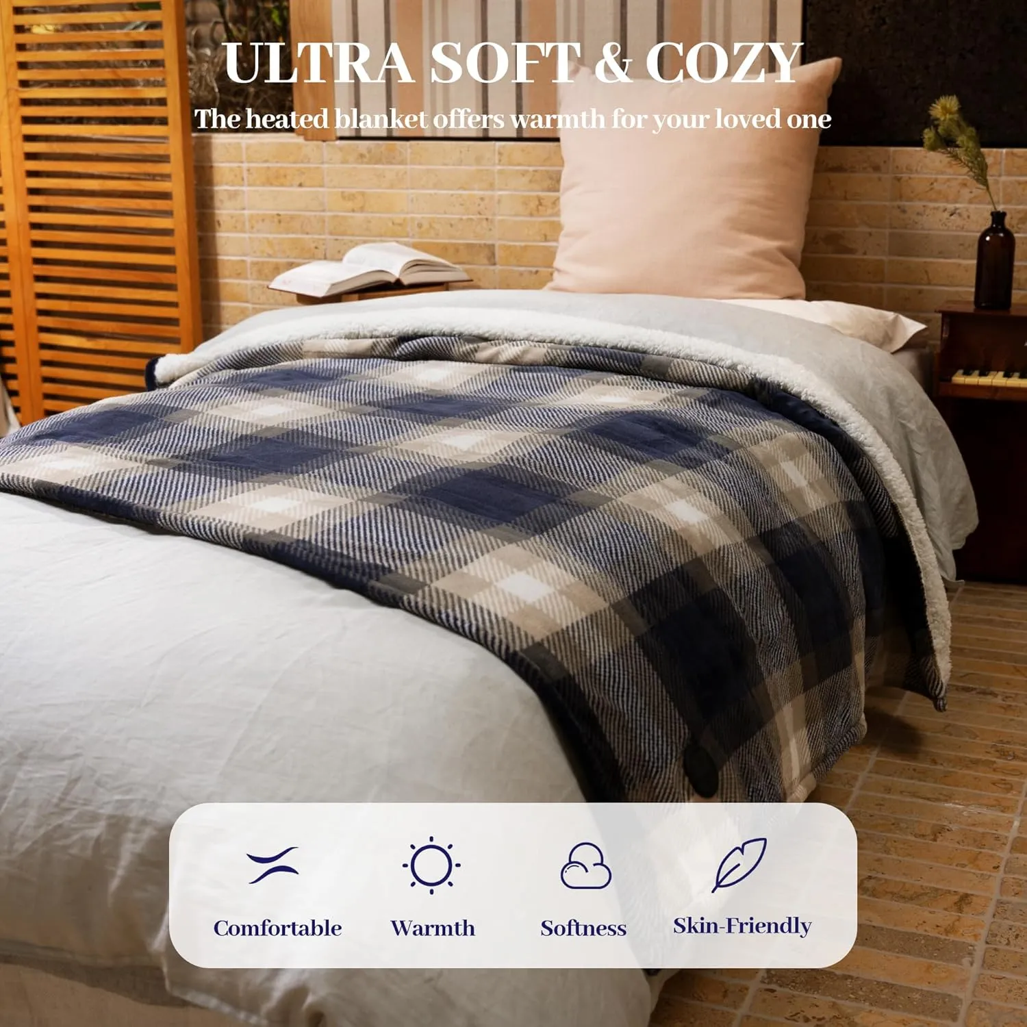 GOTCOZY Heated Blanket Electric Throw 50''X60''- Electric Throw Blanket with One Touch Button 10 Heating Level & 9 Time Settings Heating Blanket, Machine Washable (Check Navy)