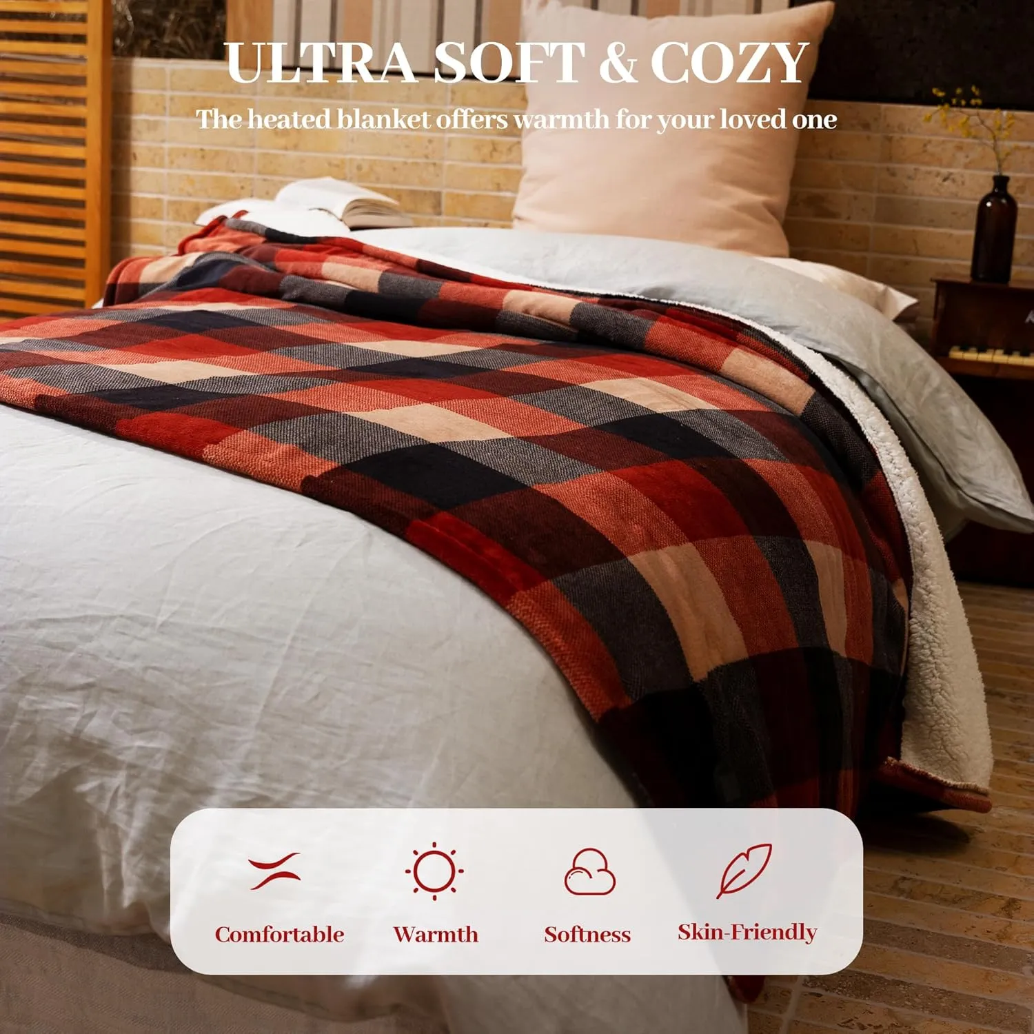 GOTCOZY Heated Blanket Electric Throw 50''X60''- Electric Throw Blanket with One Touch Button 10 Heating Level & 9 Time Settings Heating Blanket, Machine Washable (Check RedBlack)
