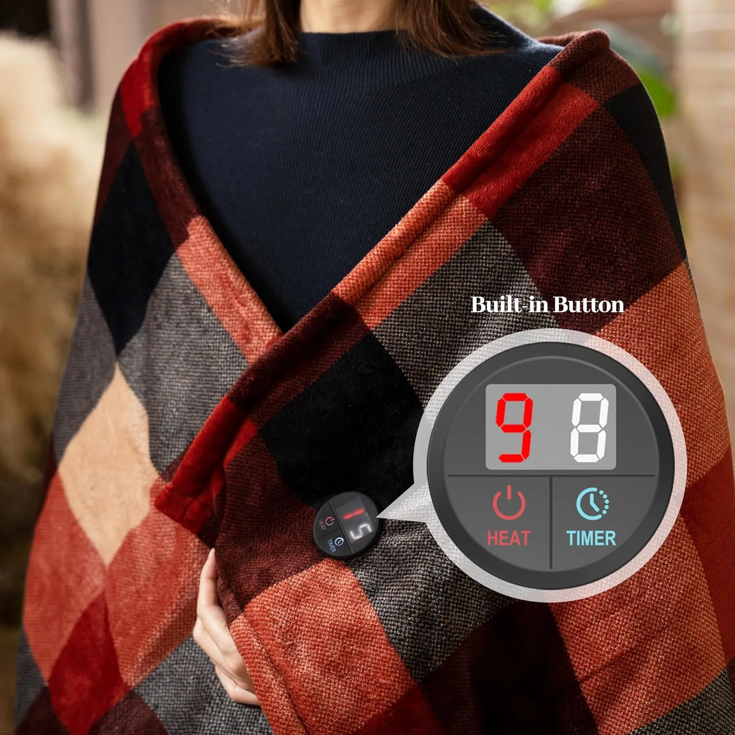 GOTCOZY Heated Blanket Electric Throw 50''X60''- Electric Throw Blanket with One Touch Button 10 Heating Level & 9 Time Settings Heating Blanket, Machine Washable (Check RedBlack)