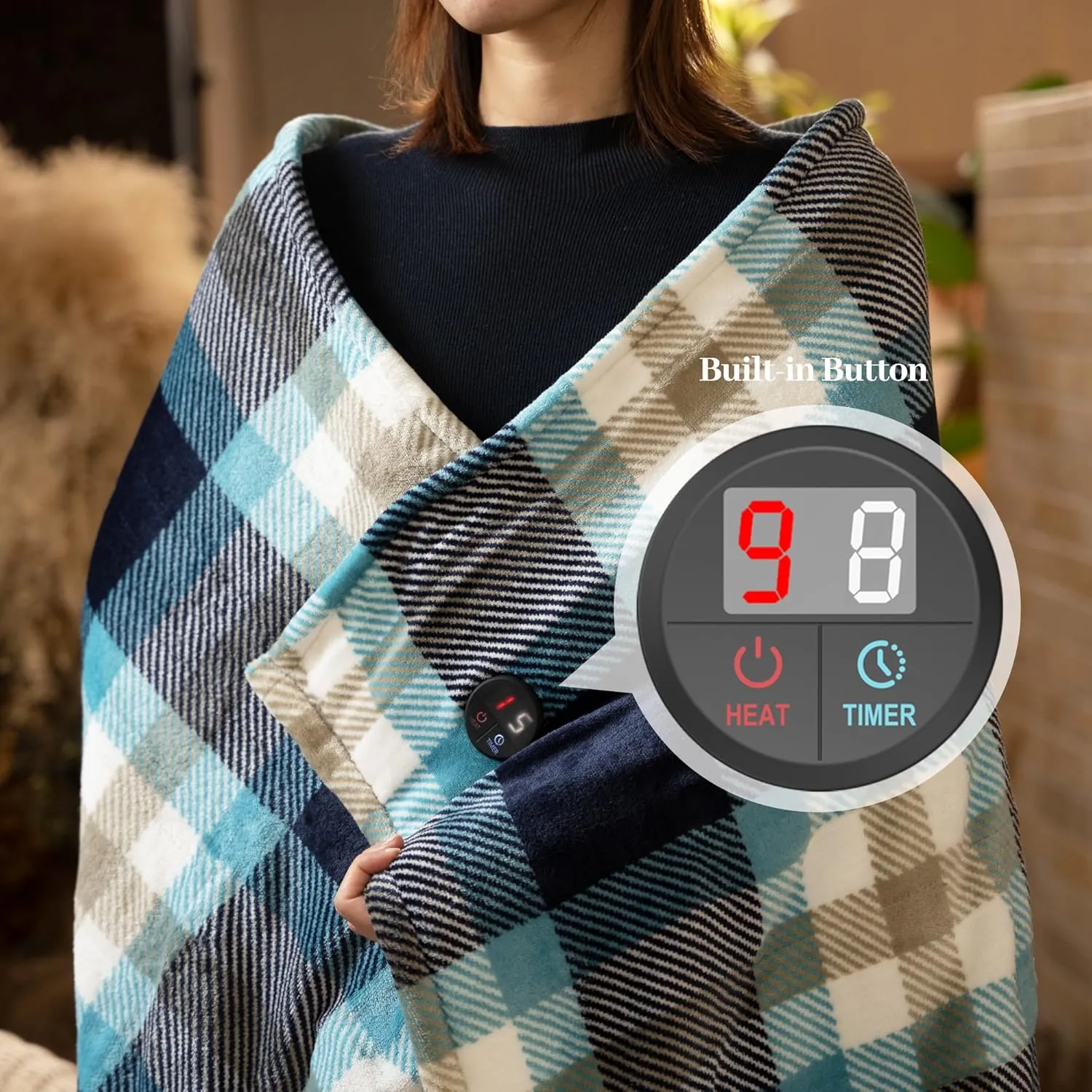 GOTCOZY Heated Blanket Electric Throw 50''X60''- Electric Throw Blanket with One Touch Button 10 Heating Level & 9 Time Settings Heating Blanket, Machine Washable (Check SkyBlue)