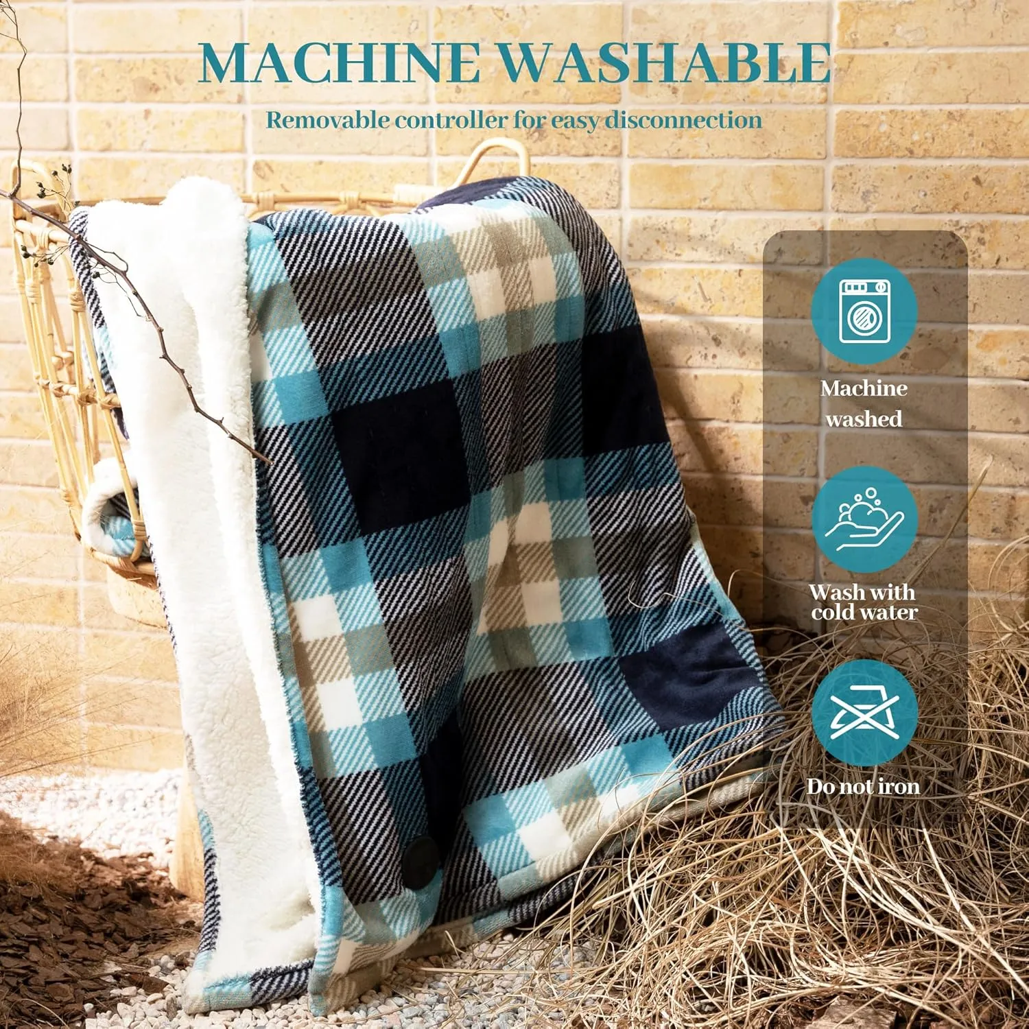 GOTCOZY Heated Blanket Electric Throw 50''X60''- Electric Throw Blanket with One Touch Button 10 Heating Level & 9 Time Settings Heating Blanket, Machine Washable (Check SkyBlue)