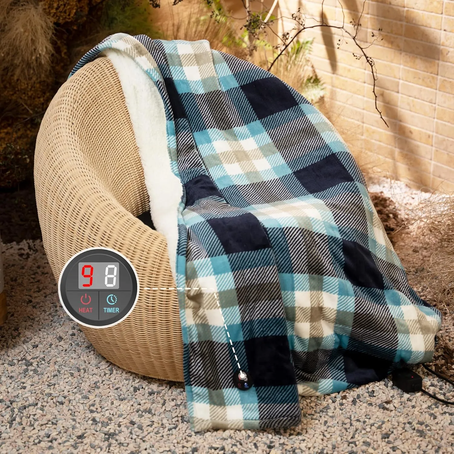 GOTCOZY Heated Blanket Electric Throw 50''X60''- Electric Throw Blanket with One Touch Button 10 Heating Level & 9 Time Settings Heating Blanket, Machine Washable (Check SkyBlue)