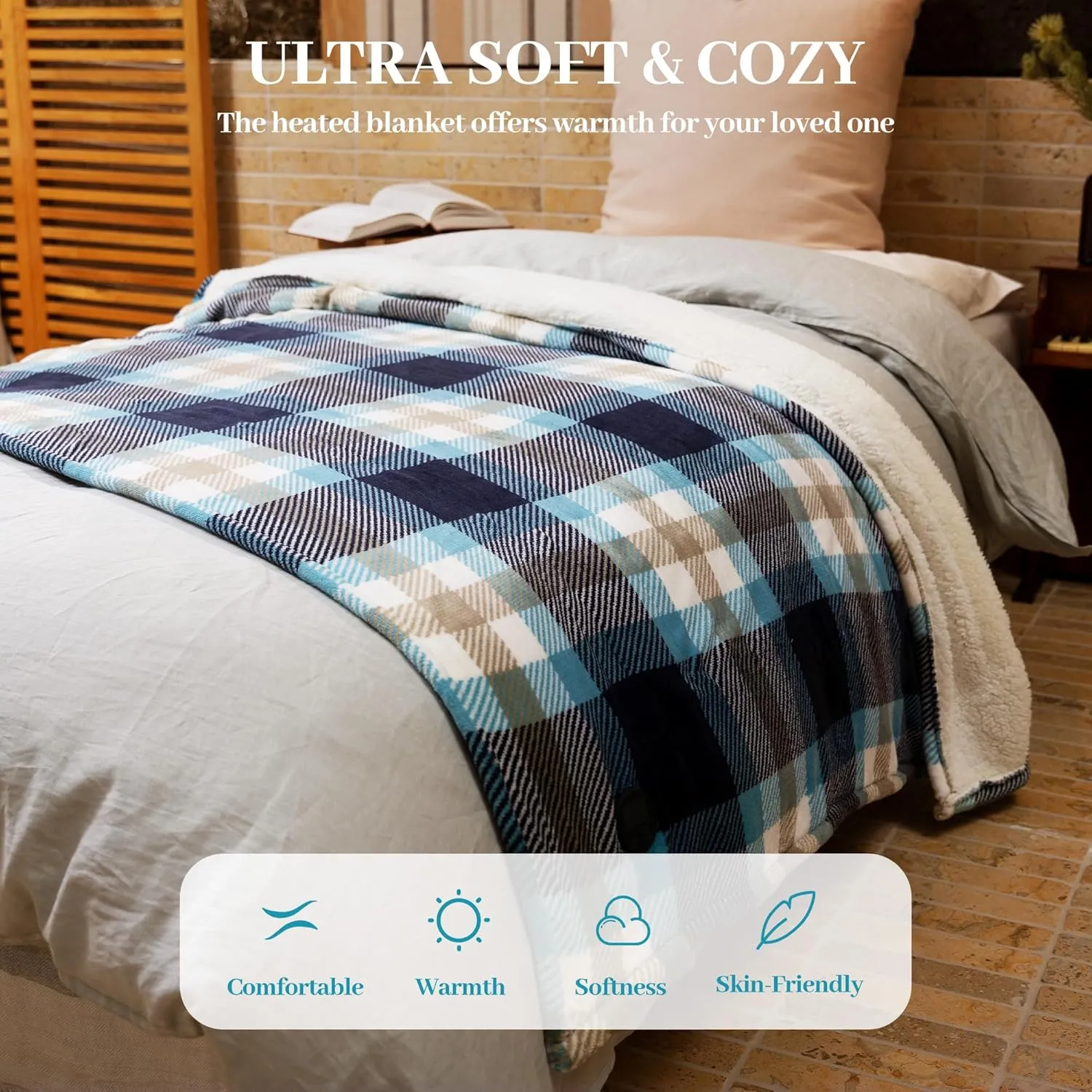 GOTCOZY Heated Blanket Electric Throw 50''X60''- Electric Throw Blanket with One Touch Button 10 Heating Level & 9 Time Settings Heating Blanket, Machine Washable (Check SkyBlue)