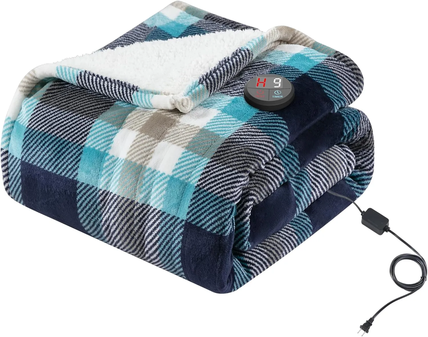 GOTCOZY Heated Blanket Electric Throw 50''X60''- Electric Throw Blanket with One Touch Button 10 Heating Level & 9 Time Settings Heating Blanket, Machine Washable (Check SkyBlue)