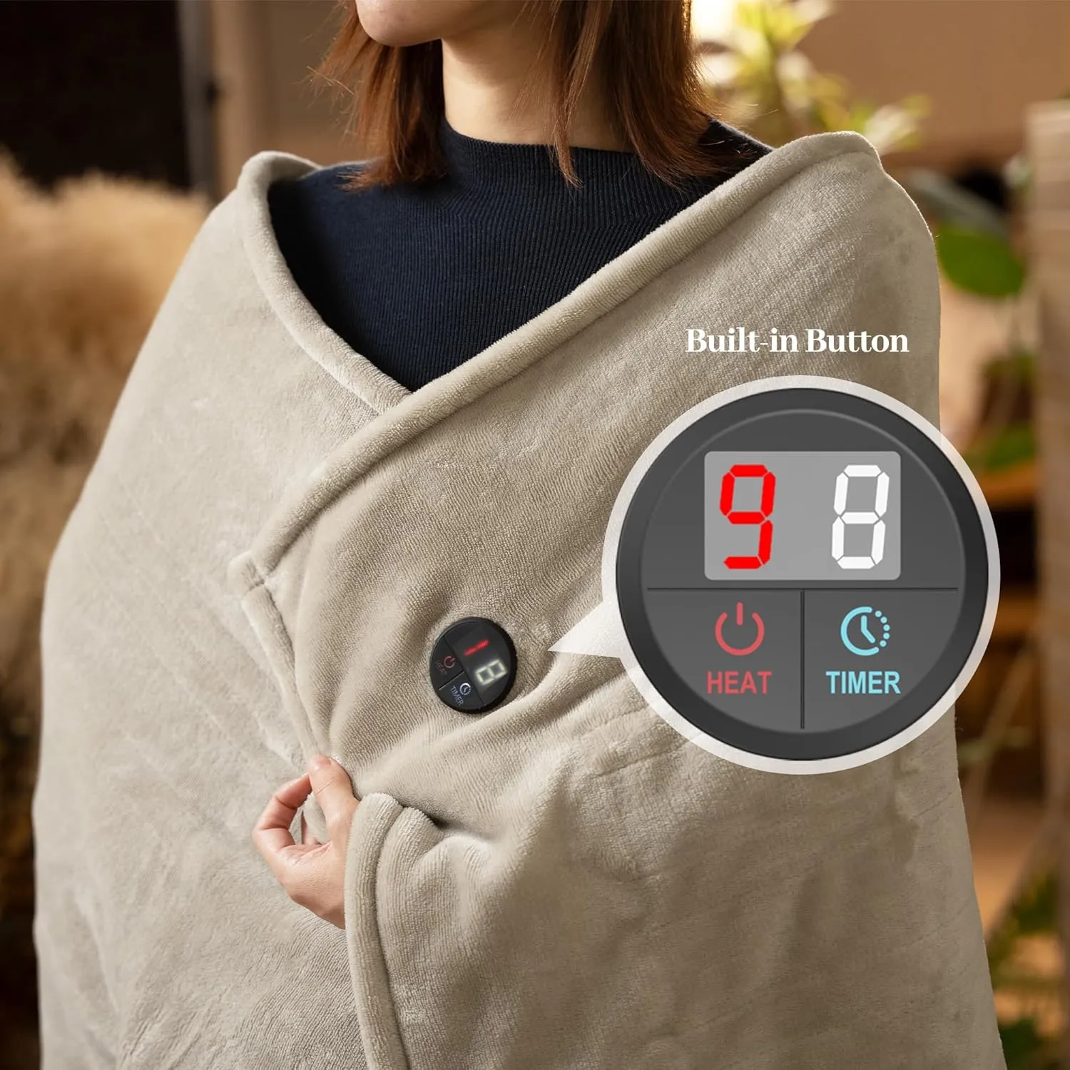 GOTCOZY Heated Blanket Electric Throw 50''X60''- Electric Throw Blanket with One Touch Button 10 Heating Level & 9 Time Settings Heating Blanket, Machine Washable (Khaki)