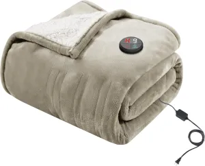 GOTCOZY Heated Blanket Electric Throw 50''X60''- Electric Throw Blanket with One Touch Button 10 Heating Level & 9 Time Settings Heating Blanket, Machine Washable (Khaki)
