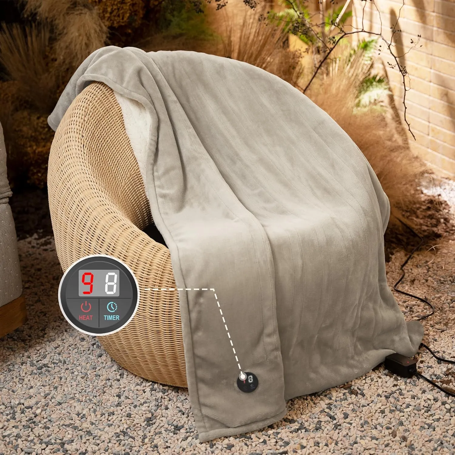 GOTCOZY Heated Blanket Electric Throw 50''X60''- Electric Throw Blanket with One Touch Button 10 Heating Level & 9 Time Settings Heating Blanket, Machine Washable (Khaki)