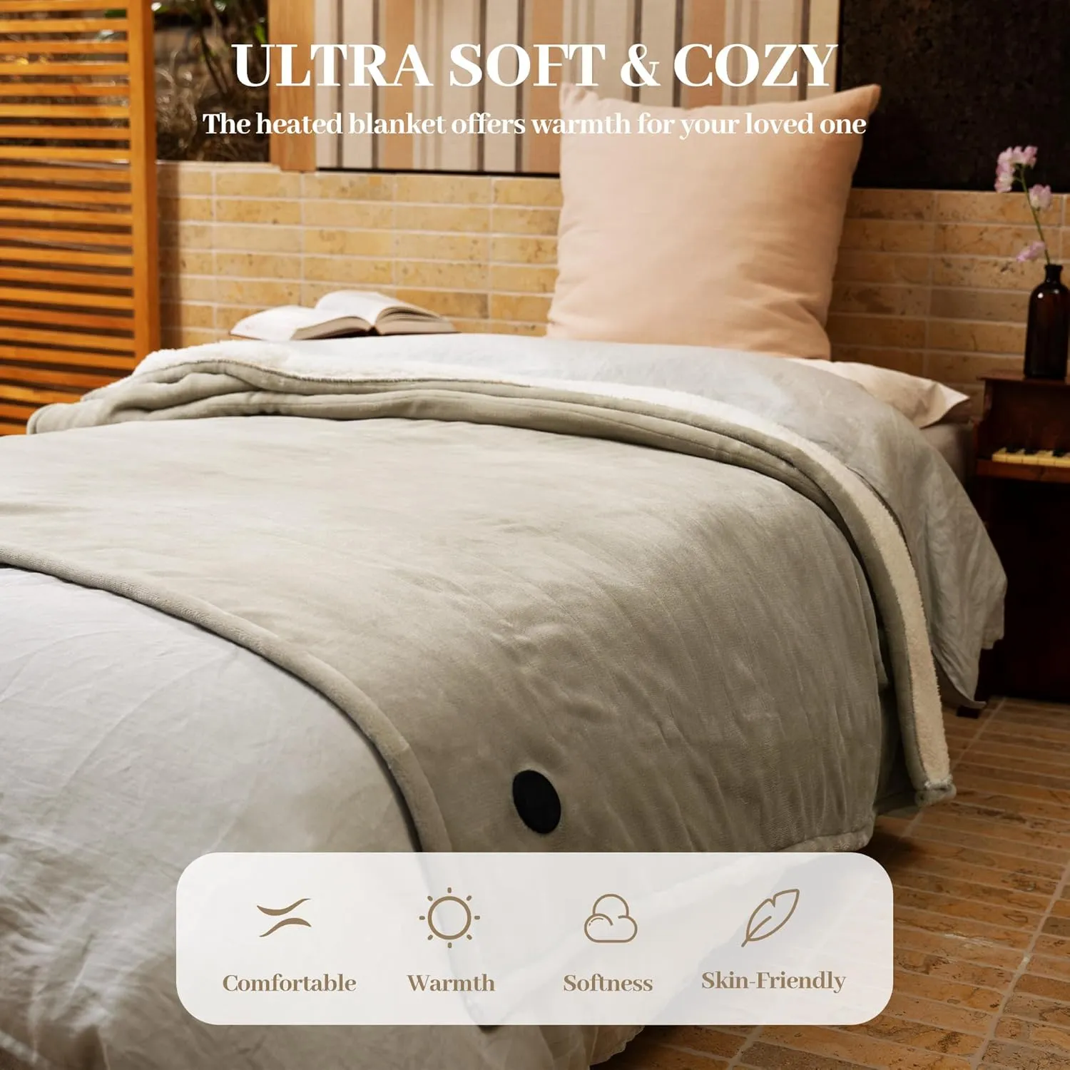 GOTCOZY Heated Blanket Electric Throw 50''X60''- Electric Throw Blanket with One Touch Button 10 Heating Level & 9 Time Settings Heating Blanket, Machine Washable (Khaki)
