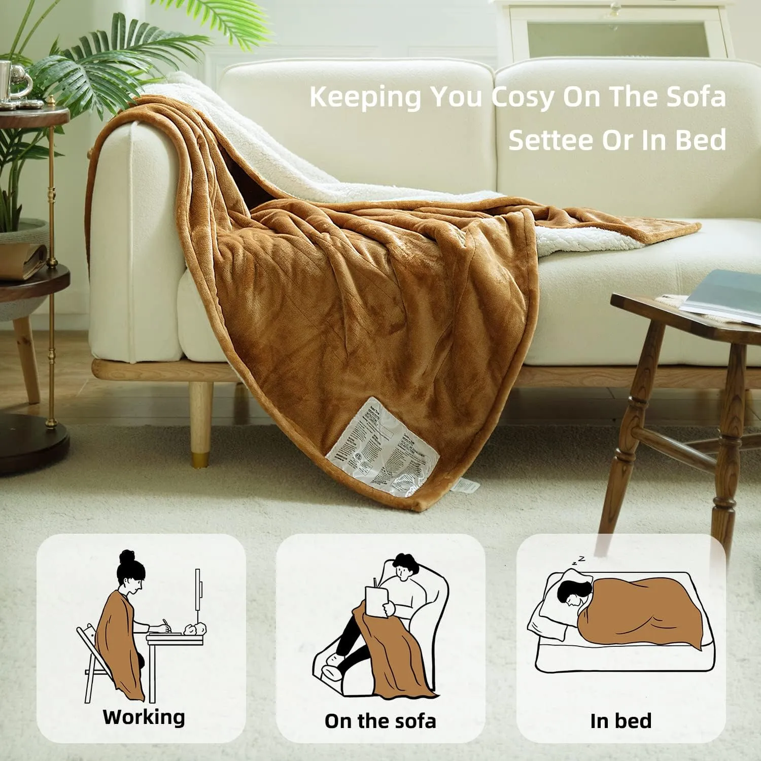 GOTCOZY Heated Blanket Electric Throw 50''X60''- Soft Silky Plush Electric Blanket with 4 Heating Level & 3 Hour Auto Off Heating Blanket, ETL Certified Machine Washable (Biscuit)