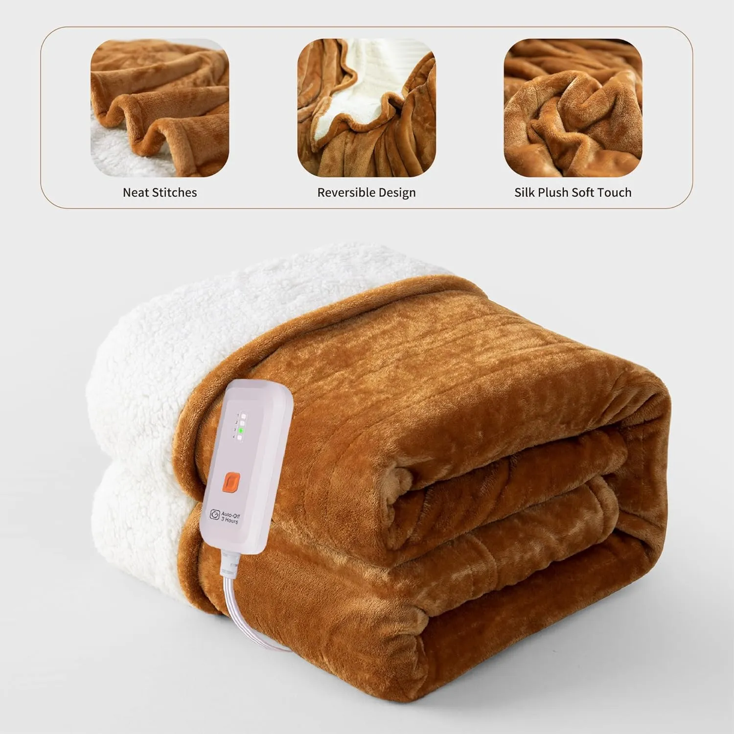 GOTCOZY Heated Blanket Electric Throw 50''X60''- Soft Silky Plush Electric Blanket with 4 Heating Level & 3 Hour Auto Off Heating Blanket, ETL Certified Machine Washable (Biscuit)
