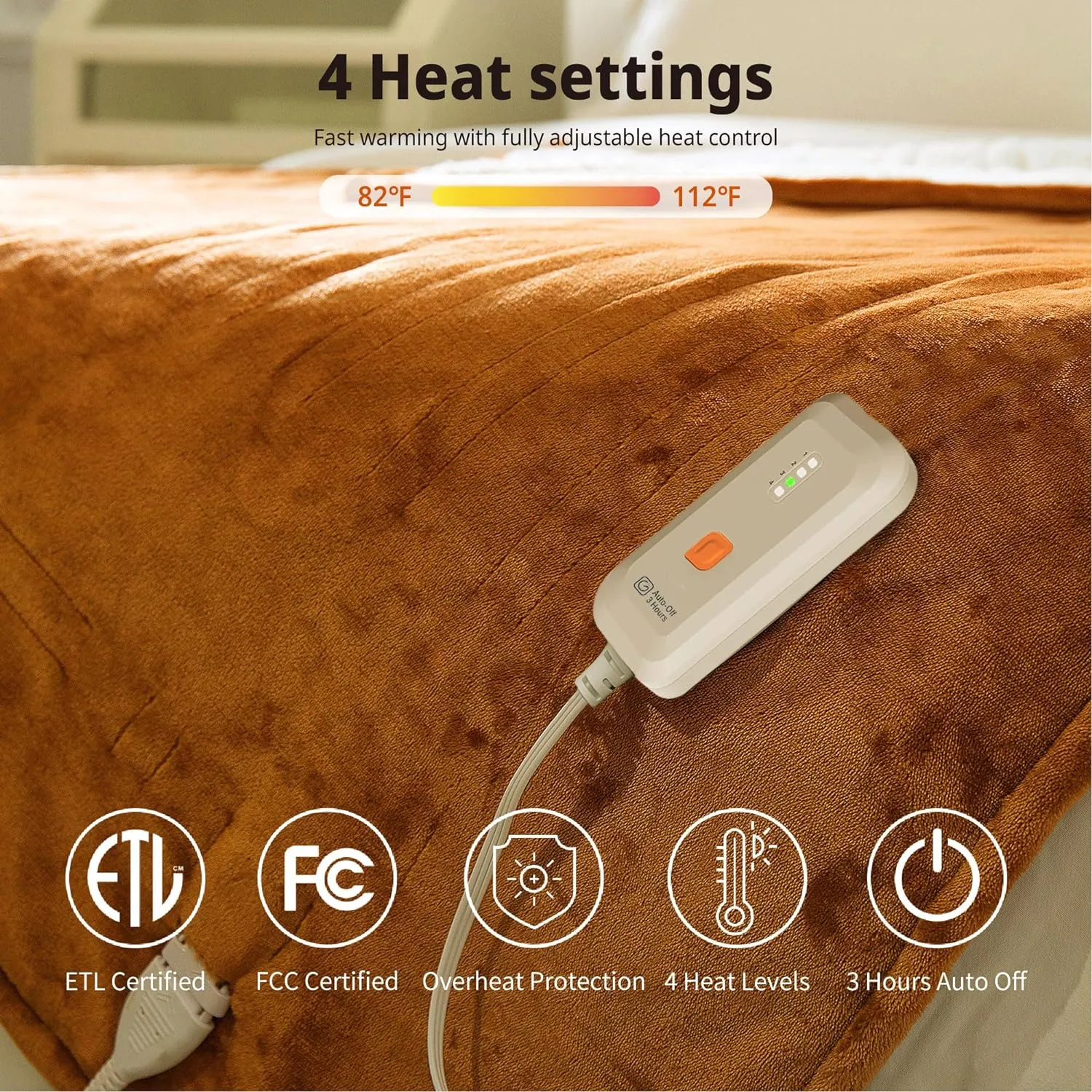 GOTCOZY Heated Blanket Electric Throw 50''X60''- Soft Silky Plush Electric Blanket with 4 Heating Level & 3 Hour Auto Off Heating Blanket, ETL Certified Machine Washable (Biscuit)