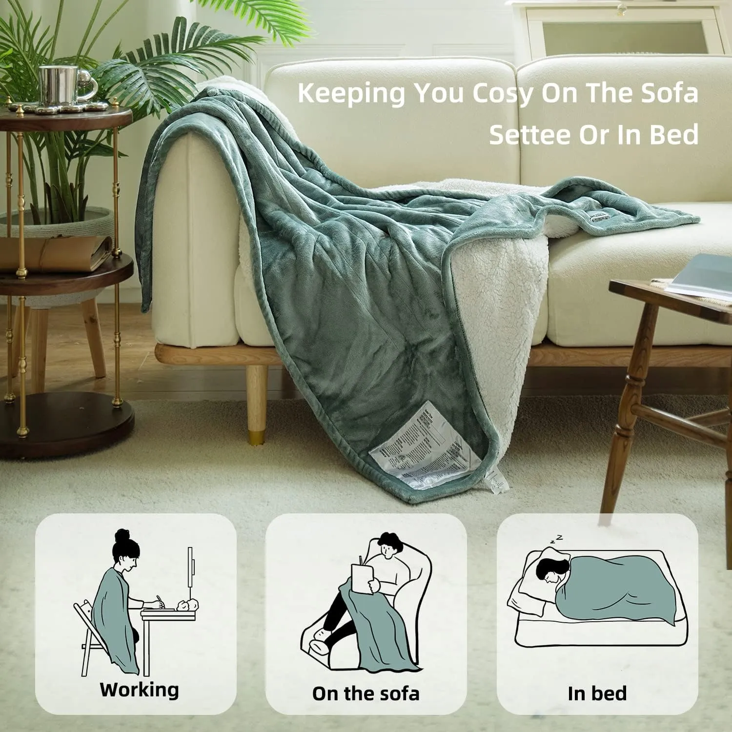 GOTCOZY Heated Blanket Electric Throw 50''X60''- Soft Silky Plush Electric Blanket with 4 Heating Level & 3 Hour Auto Off Heating Blanket, ETL Certified Machine Washable (Green)