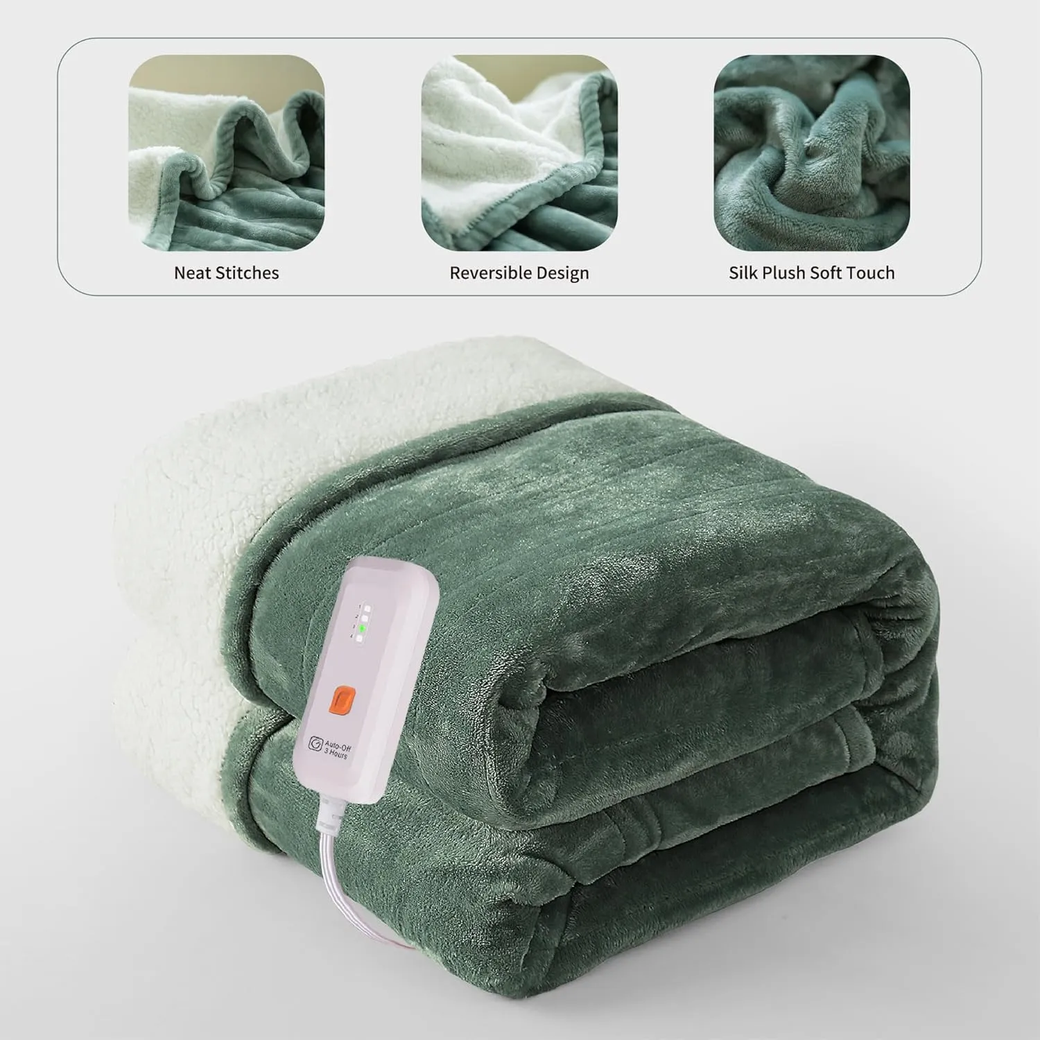 GOTCOZY Heated Blanket Electric Throw 50''X60''- Soft Silky Plush Electric Blanket with 4 Heating Level & 3 Hour Auto Off Heating Blanket, ETL Certified Machine Washable (Green)