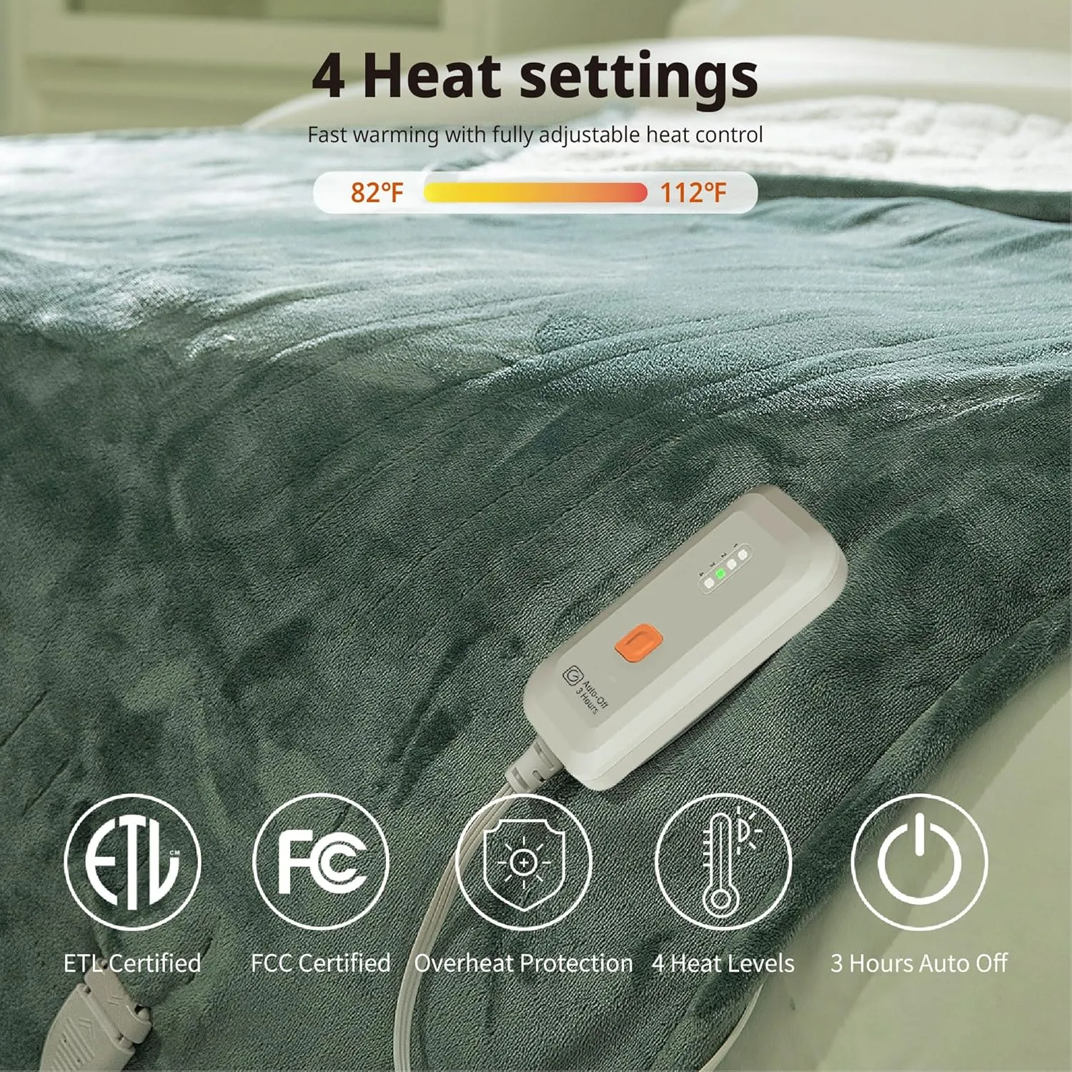 GOTCOZY Heated Blanket Electric Throw 50''X60''- Soft Silky Plush Electric Blanket with 4 Heating Level & 3 Hour Auto Off Heating Blanket, ETL Certified Machine Washable (Green)