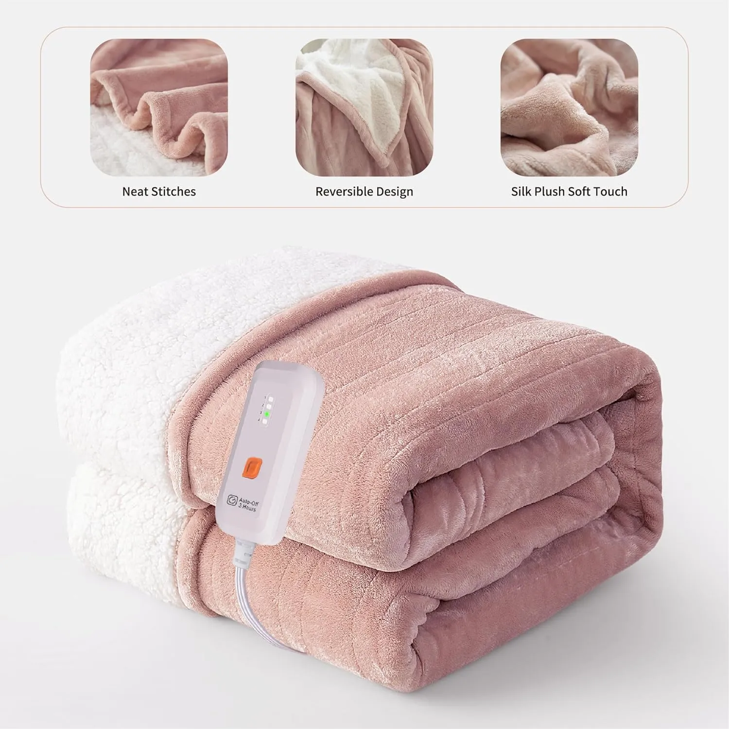 GOTCOZY Heated Blanket Electric Throw 50''X60''- Soft Silky Plush Electric Blanket with 4 Heating Level & 3 Hour Auto Off Heating Blanket, ETL Certified Machine Washable (Rose Dust)