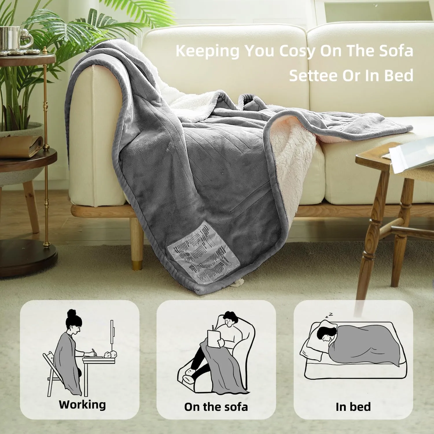 GOTCOZY Heated Throw Blanket, 50''X60'' - Soft Silky Plush Electric Blanket with 4 Heating Levels & 3 Hour Auto Off, ETL Certified, Machine Washable (Grey)