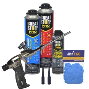 GREAT STUFF PRO Gaps & Cracks 24oz, Window & Door 20oz Polyurethane Foam Sealant and Cleaner Kit for AWF PRO AWF 1300 High Precision Spray Foam Gun and Gloves (One Can Kit)