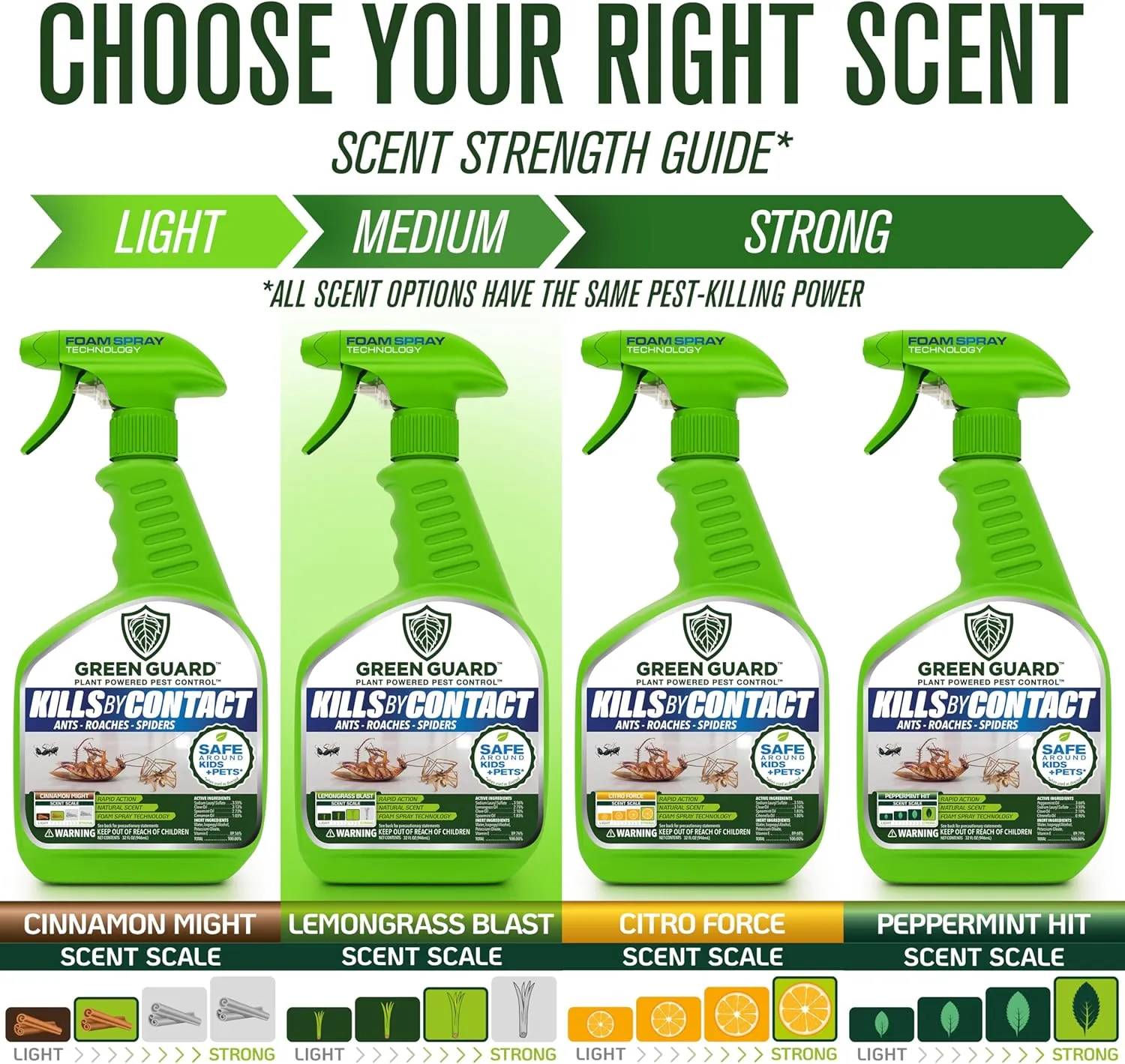 Green Guard Pest Control Spray- Safe Around Children & Pets, Kills by Contact: Ants, Roaches, Spiders & Other Crawling Insects, Indoor and Outdoor, Pleasant Scent (Lemongrass Blast, 16oz)