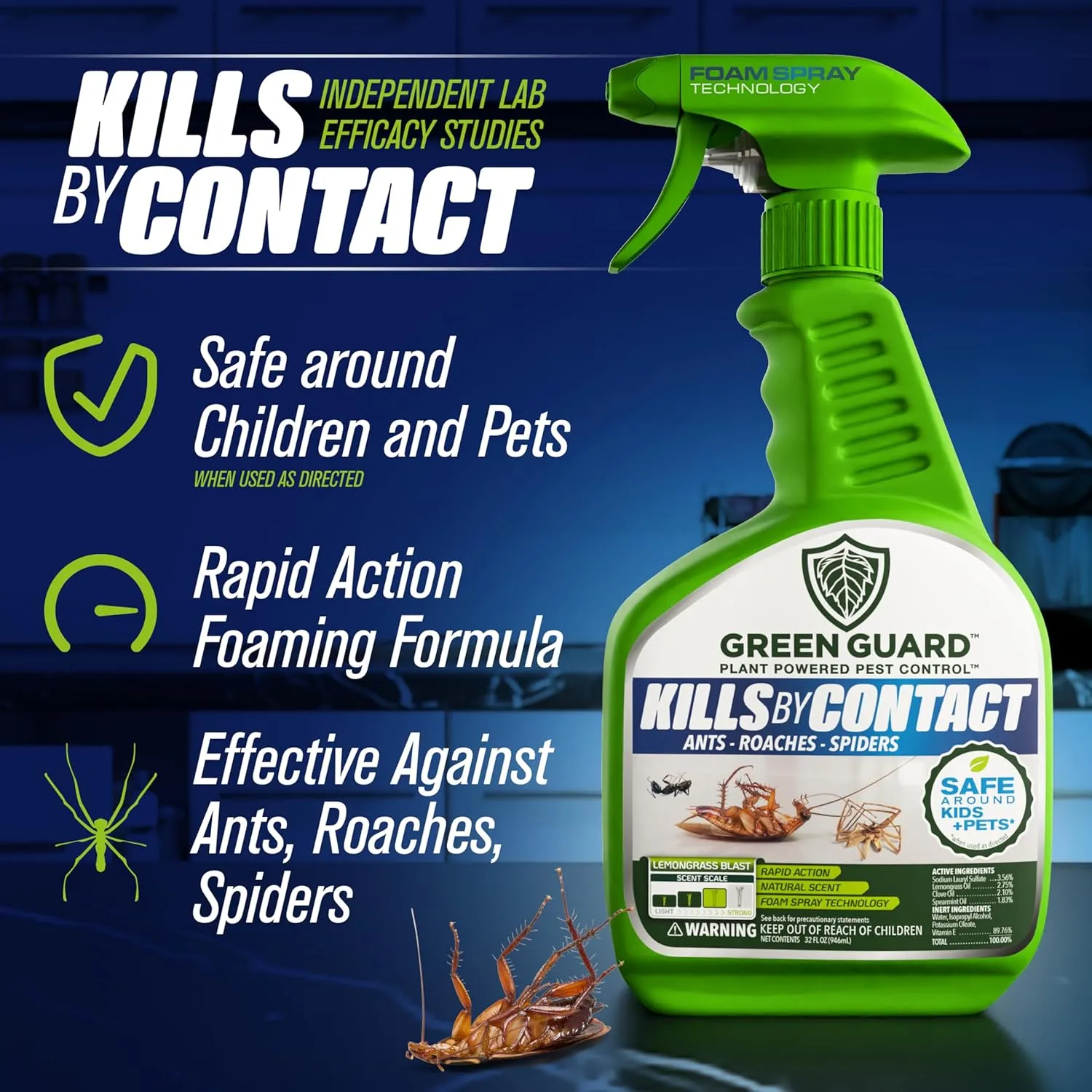 Green Guard Pest Control Spray- Safe Around Children & Pets, Kills by Contact: Ants, Roaches, Spiders & Other Crawling Insects, Indoor and Outdoor, Pleasant Scent (Lemongrass Blast, 16oz)