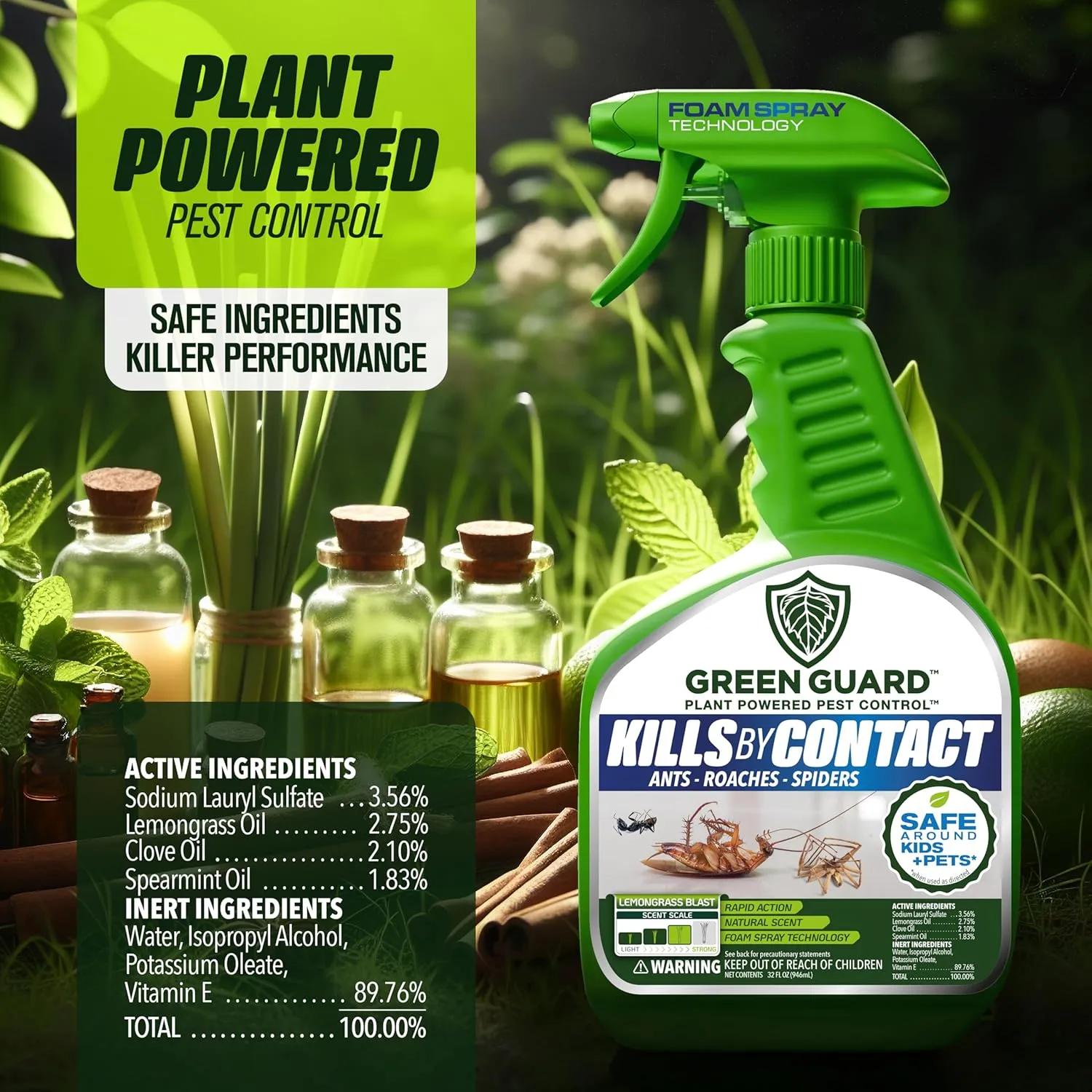 Green Guard Pest Control Spray- Safe Around Children & Pets, Kills by Contact: Ants, Roaches, Spiders & Other Crawling Insects, Indoor and Outdoor, Pleasant Scent (Lemongrass Blast, 16oz)