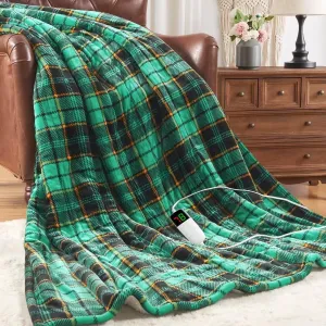 Green Heated Blanket Electric Throw 50X60, Christmas Heating Blanket for Couch, Plaid Sherpa Winter Blankets Warmer, 10 Heating Levels & 8-Hour Auto Off, Fast Heated House Warming Gifts New Home Decor