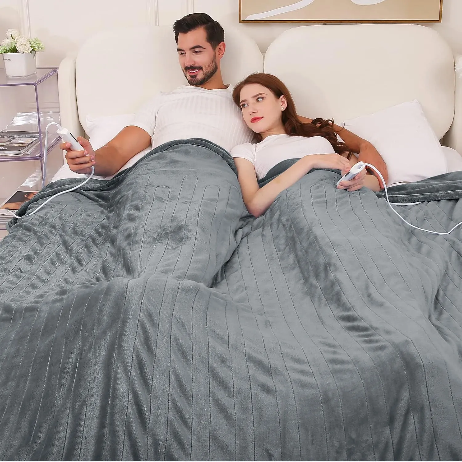 greenoak Electric Blanket Heated Blanket Full 80"x84",10 Heating Level Flannel Fast Lap Heating Blanket with Dual Control,5 Timer Auto Off Soft Electric Warming Blanket for Bed,Machine Washable,Grey