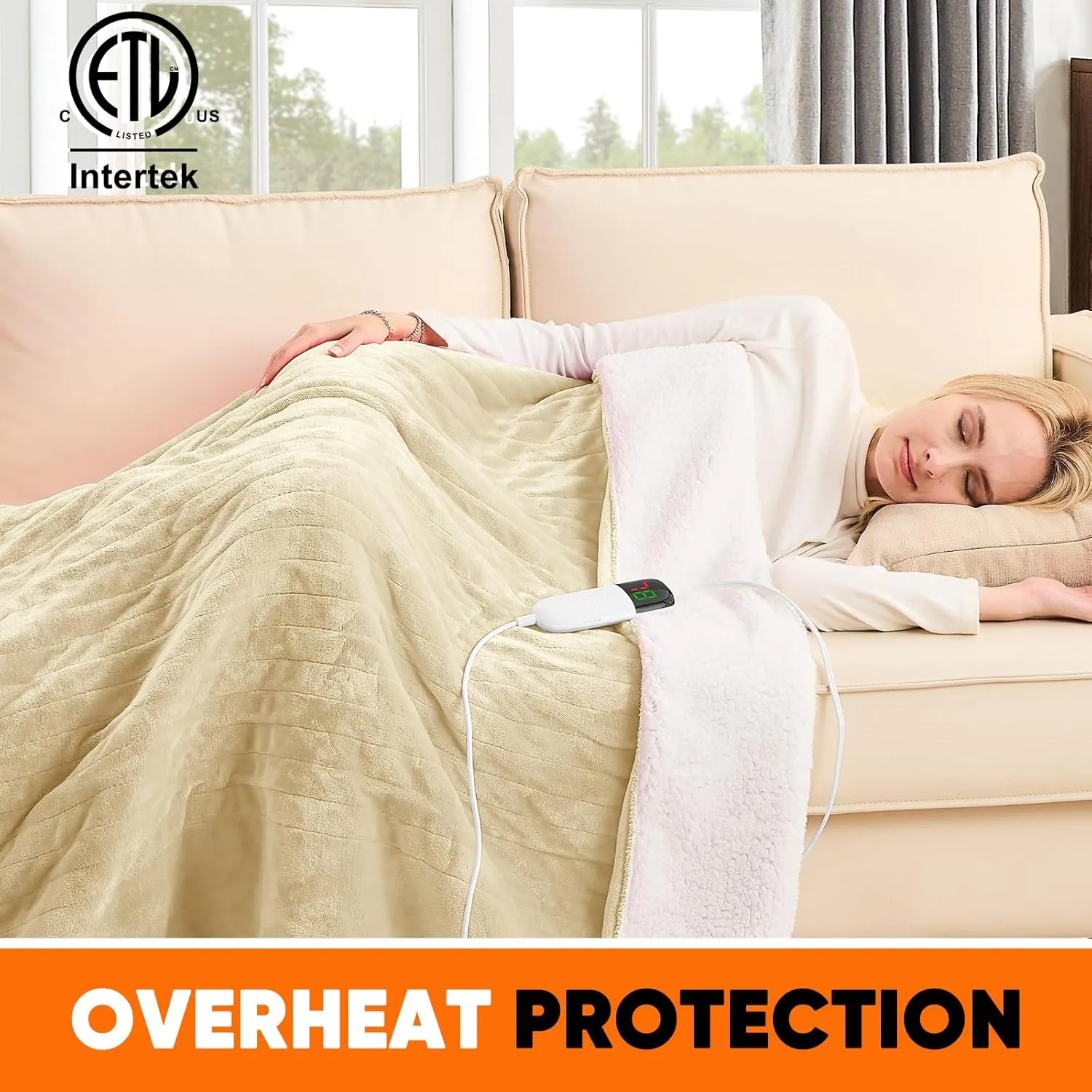 greenoak Heated Blanket Electric Throw 50"X60", Heating Blanket with 10 Heat Levels 1/2/4/6/8 Hours Auto-Off Overheat Protection, Soft Flannel Sherpa Warm Heater, ETL Certified Beige