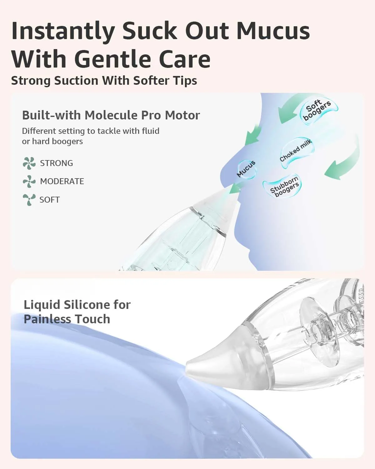 GROWNSY Nasal Aspirator for Baby, Electric Nose Aspirator for Toddler, Baby Nose Sucker, Automatic Nose Cleaner with 3 Silicone Tips, Adjustable Suction Level, Music and Light Soothing Function
