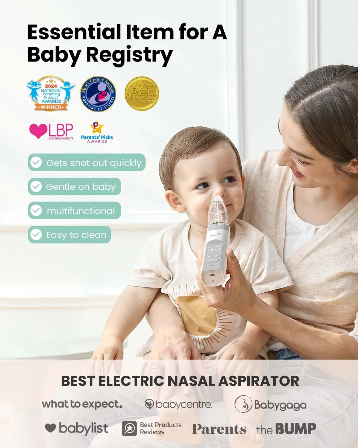 GROWNSY Nasal Aspirator for Baby, Electric Nose Aspirator for Toddler, Baby Nose Sucker, Automatic Nose Cleaner with 3 Silicone Tips, Adjustable Suction Level, Music and Light Soothing Function