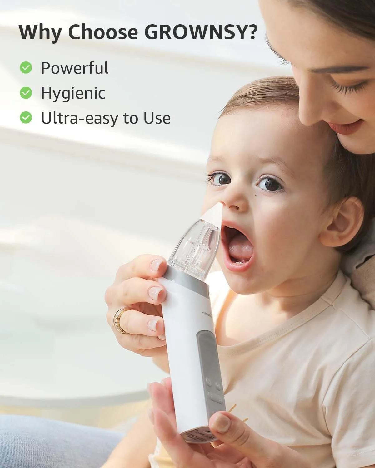 GROWNSY Nasal Aspirator for Baby, Electric Nose Aspirator for Toddler, Baby Nose Sucker, Automatic Nose Cleaner with 3 Silicone Tips, Adjustable Suction Level, Music and Light Soothing Function