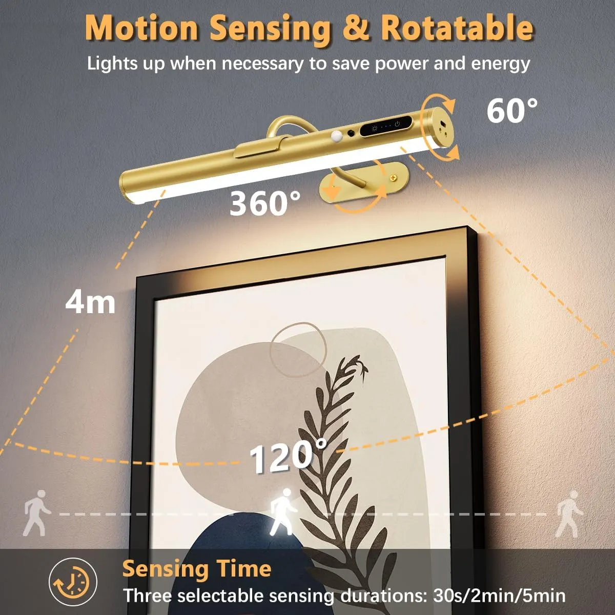Hapfish Motion Sensor Battery Operated Wall Sconce, Wireless Picture Lights for Wall, Rechargeable Magnetic Art Lighting with Remote Control, Battery Picture Light for Poster Dartboard Mirror – Gold