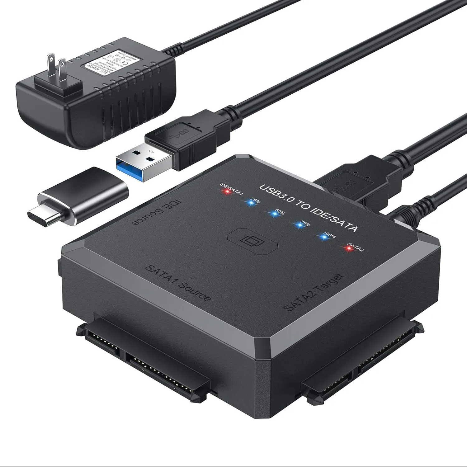 Hard Drive Reader Ultra Recovery Converter, SATA IDE to USB 3.0 Adapter for 2.5" 3.5" HDD/SSD, USB to SATA/IDE One Touch Clone with 12V Power Adapter