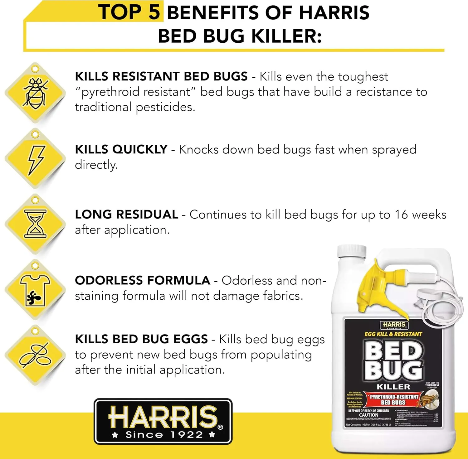 Harris Toughest Bed Bug Killer, Liquid Spray with Odorless and Non-Staining Extended Residual Kill Formula (Gallon)