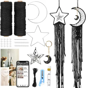 Hdviai Macrame Supplies 3mm x 109Yards Macrame Cord for Macrame Kits for Adults Beginners, Macrame Kit, with Accessories Like 110Pcs Beads and 40Pcs Wooden Rings (Black Moon Star Macrame Kit)