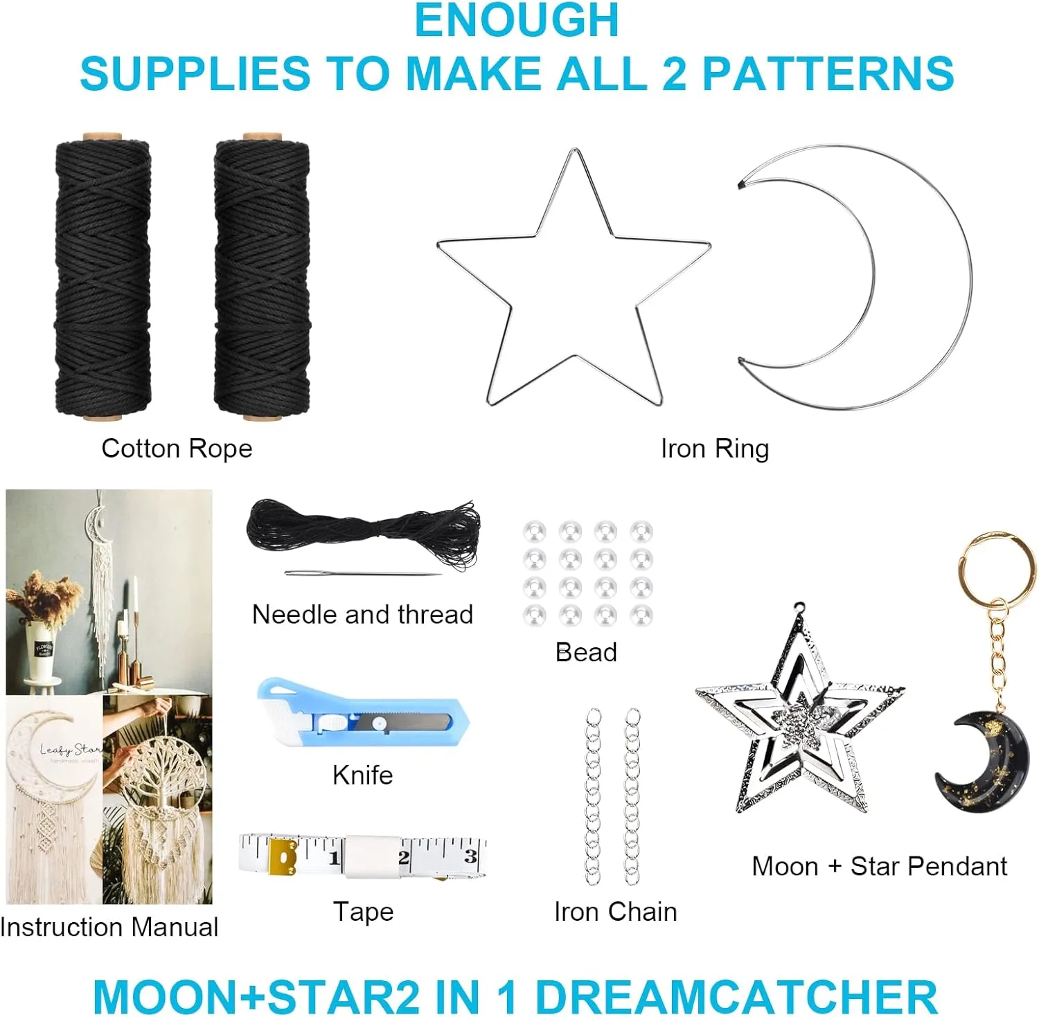 Hdviai Macrame Supplies 3mm x 109Yards Macrame Cord for Macrame Kits for Adults Beginners, Macrame Kit, with Accessories Like 110Pcs Beads and 40Pcs Wooden Rings (Black Moon Star Macrame Kit)