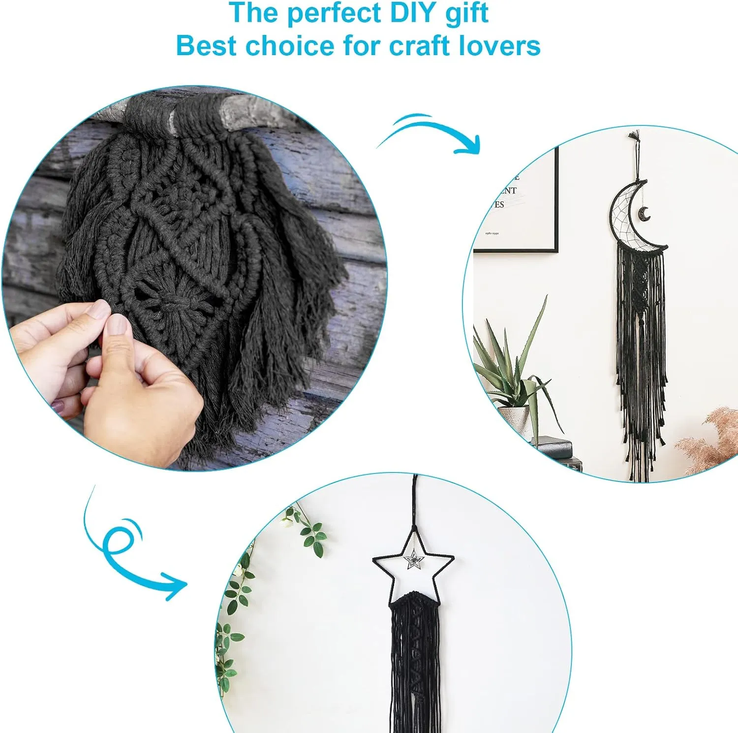 Hdviai Macrame Supplies 3mm x 109Yards Macrame Cord for Macrame Kits for Adults Beginners, Macrame Kit, with Accessories Like 110Pcs Beads and 40Pcs Wooden Rings (Black Moon Star Macrame Kit)