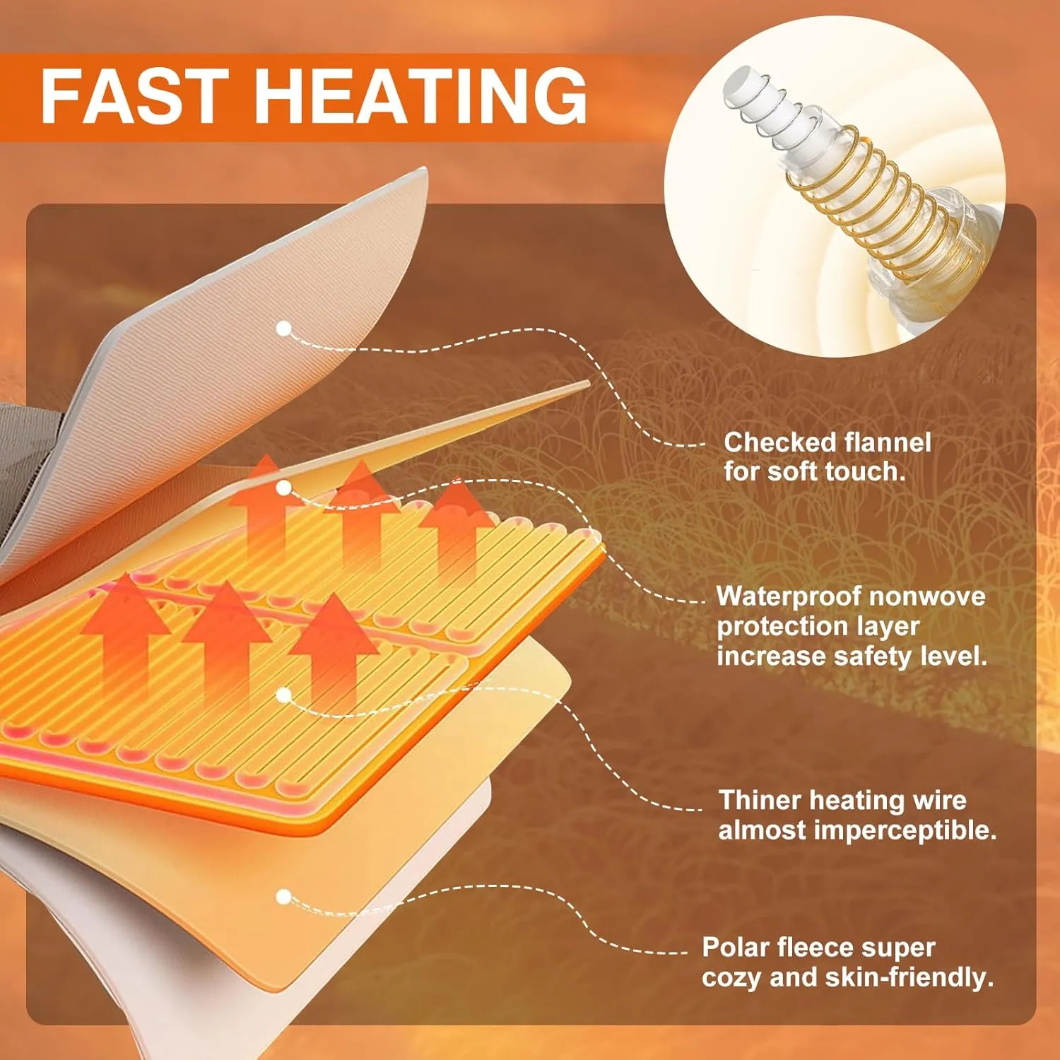 Heated Blanket 84" x 90" with 6 Heating Levels 10 Hours Time Setings and Auto-Shut Off, Soft Checked Flannel Fast-Heating Electric Blanket, Khaki