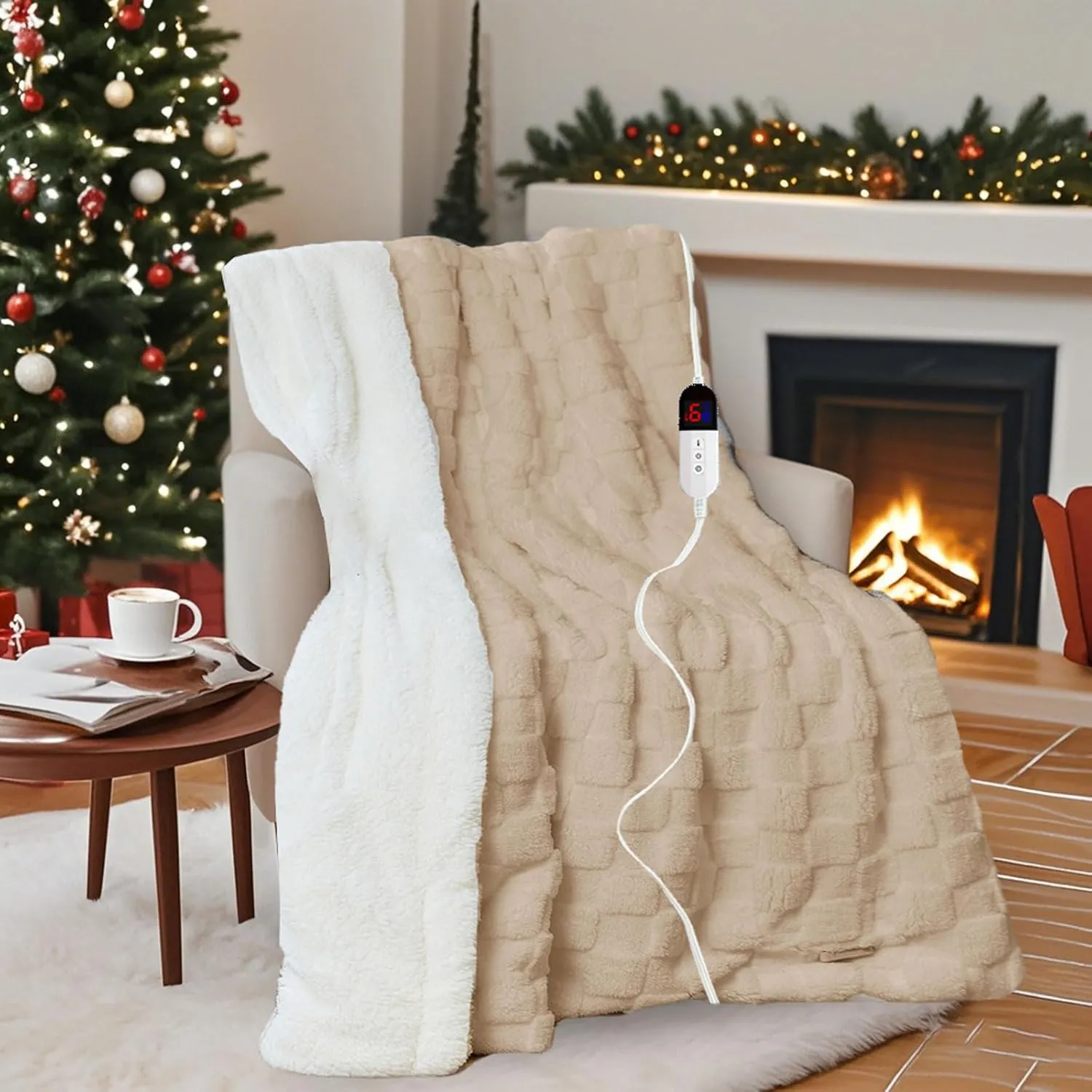 Heated Blanket 84" x 90" with 6 Heating Levels 10 Hours Time Setings and Auto-Shut Off, Soft Checked Flannel Fast-Heating Electric Blanket, Khaki