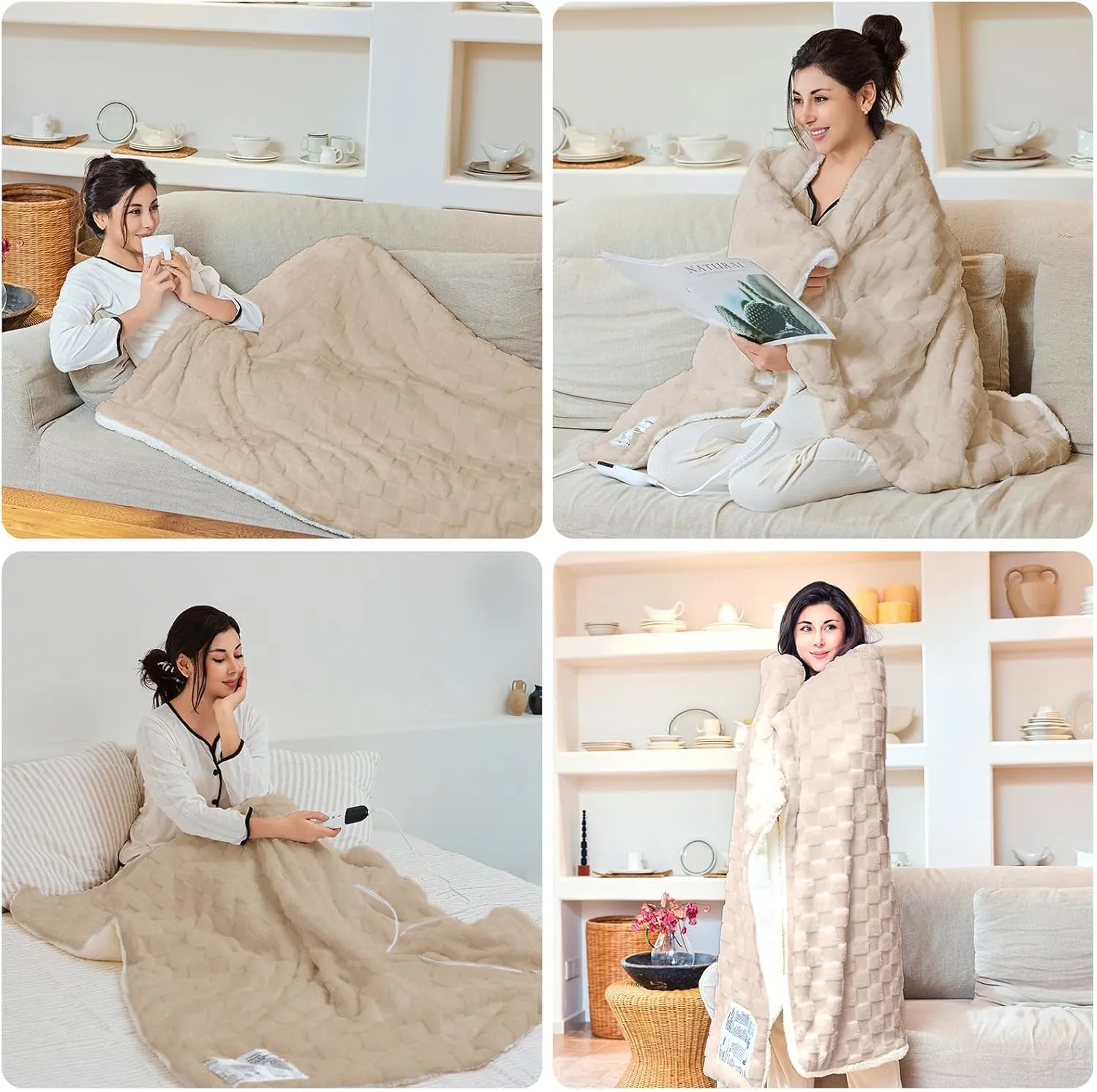 Heated Blanket 84" x 90" with 6 Heating Levels 10 Hours Time Setings and Auto-Shut Off, Soft Checked Flannel Fast-Heating Electric Blanket, Khaki