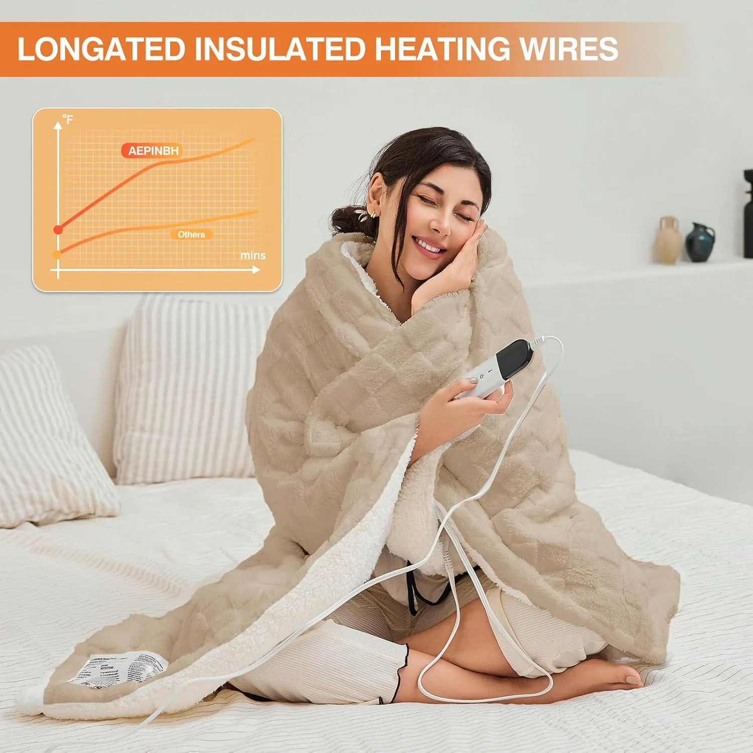 Heated Blanket 84" x 90" with 6 Heating Levels 10 Hours Time Setings and Auto-Shut Off, Soft Checked Flannel Fast-Heating Electric Blanket, Khaki