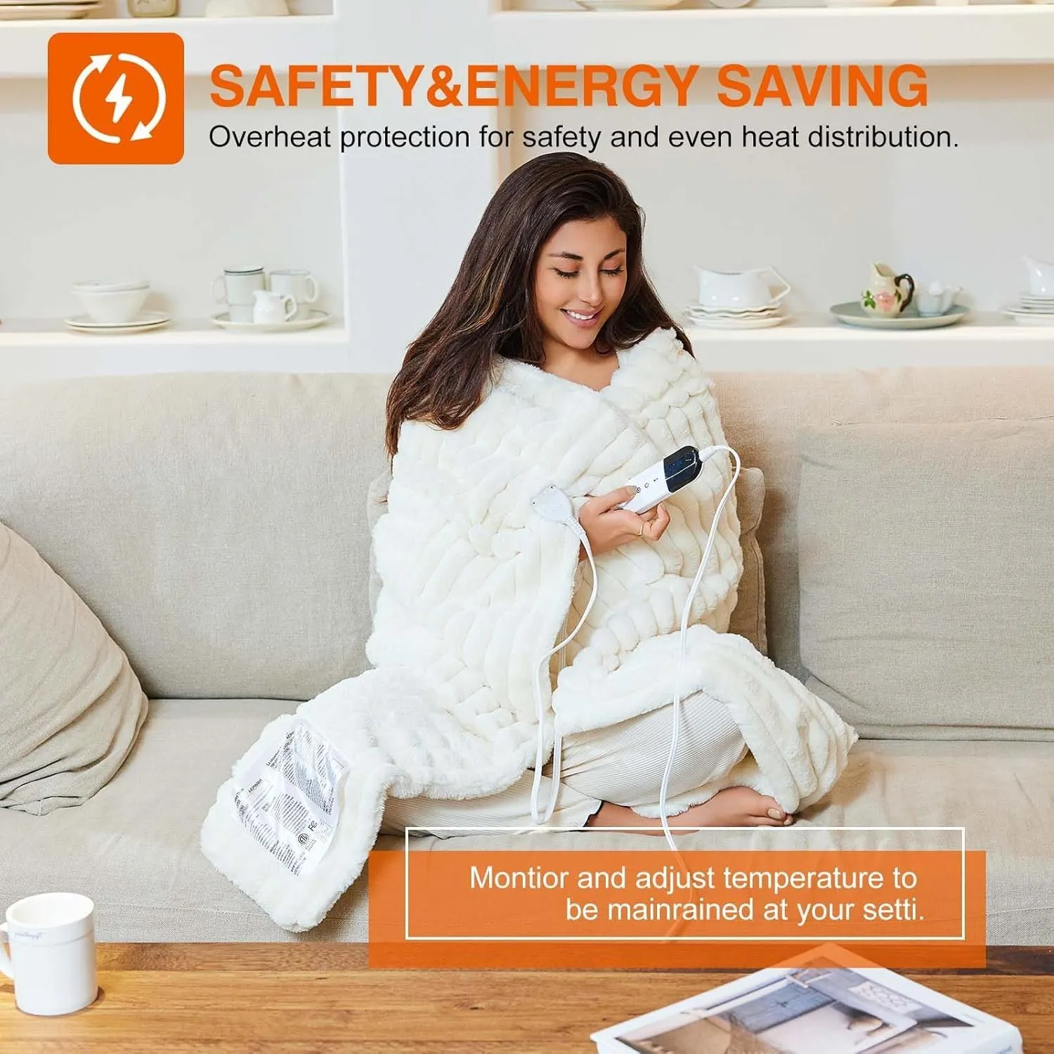 Heated Blanket 90"X100",Fast Heating Blanket with 6 Heat Levels 10 Hours Auto-Off Overheat Protection,Stripe Faux Rabbit Fur Soft Warm Electric Blanket, ETL Certified,Cream