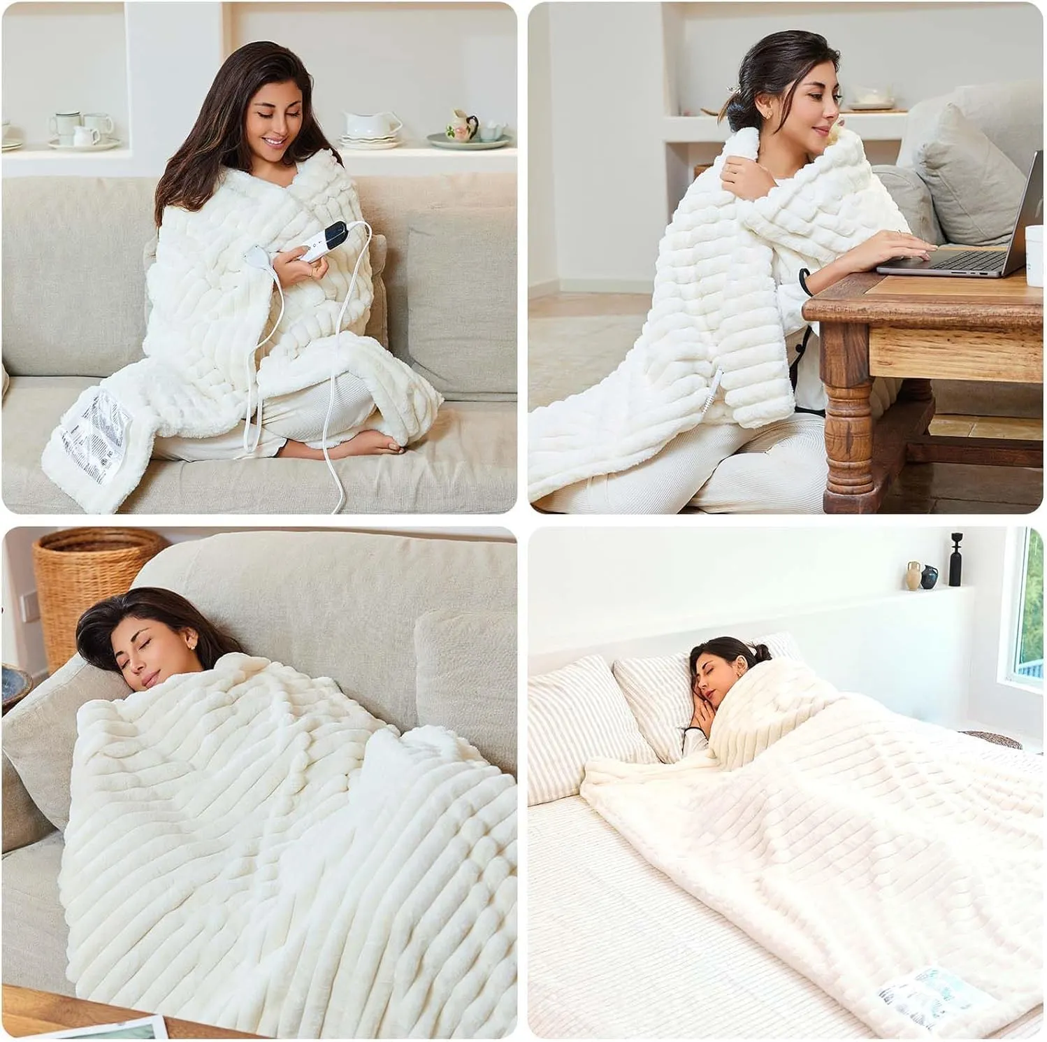 Heated Blanket 90"X100",Fast Heating Blanket with 6 Heat Levels 10 Hours Auto-Off Overheat Protection,Stripe Faux Rabbit Fur Soft Warm Electric Blanket, ETL Certified,Cream