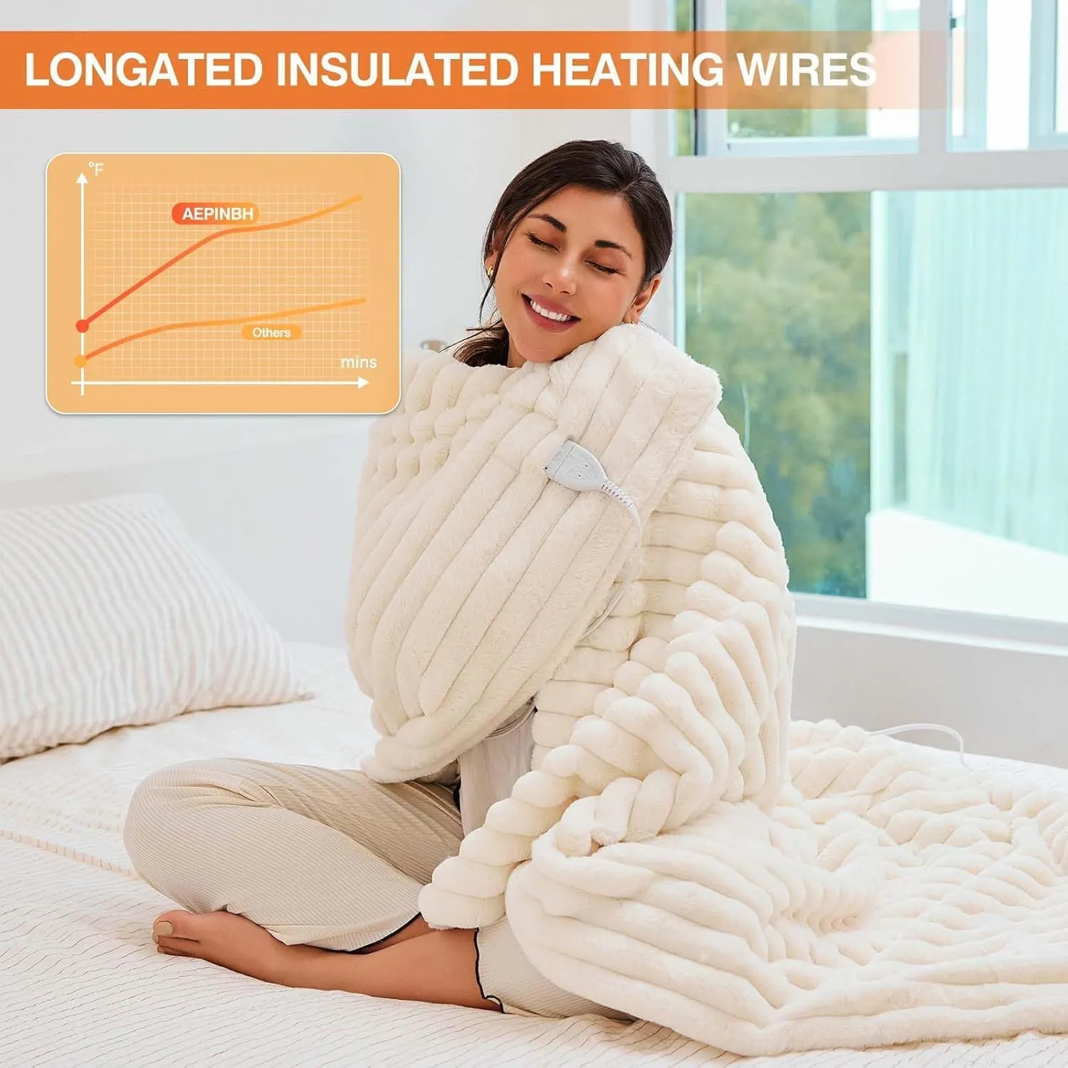 Heated Blanket 90"X100",Fast Heating Blanket with 6 Heat Levels 10 Hours Auto-Off Overheat Protection,Stripe Faux Rabbit Fur Soft Warm Electric Blanket, ETL Certified,Cream