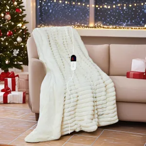 Heated Blanket 90"X100",Fast Heating Blanket with 6 Heat Levels 10 Hours Auto-Off Overheat Protection,Stripe Faux Rabbit Fur Soft Warm Electric Blanket, ETL Certified,Cream