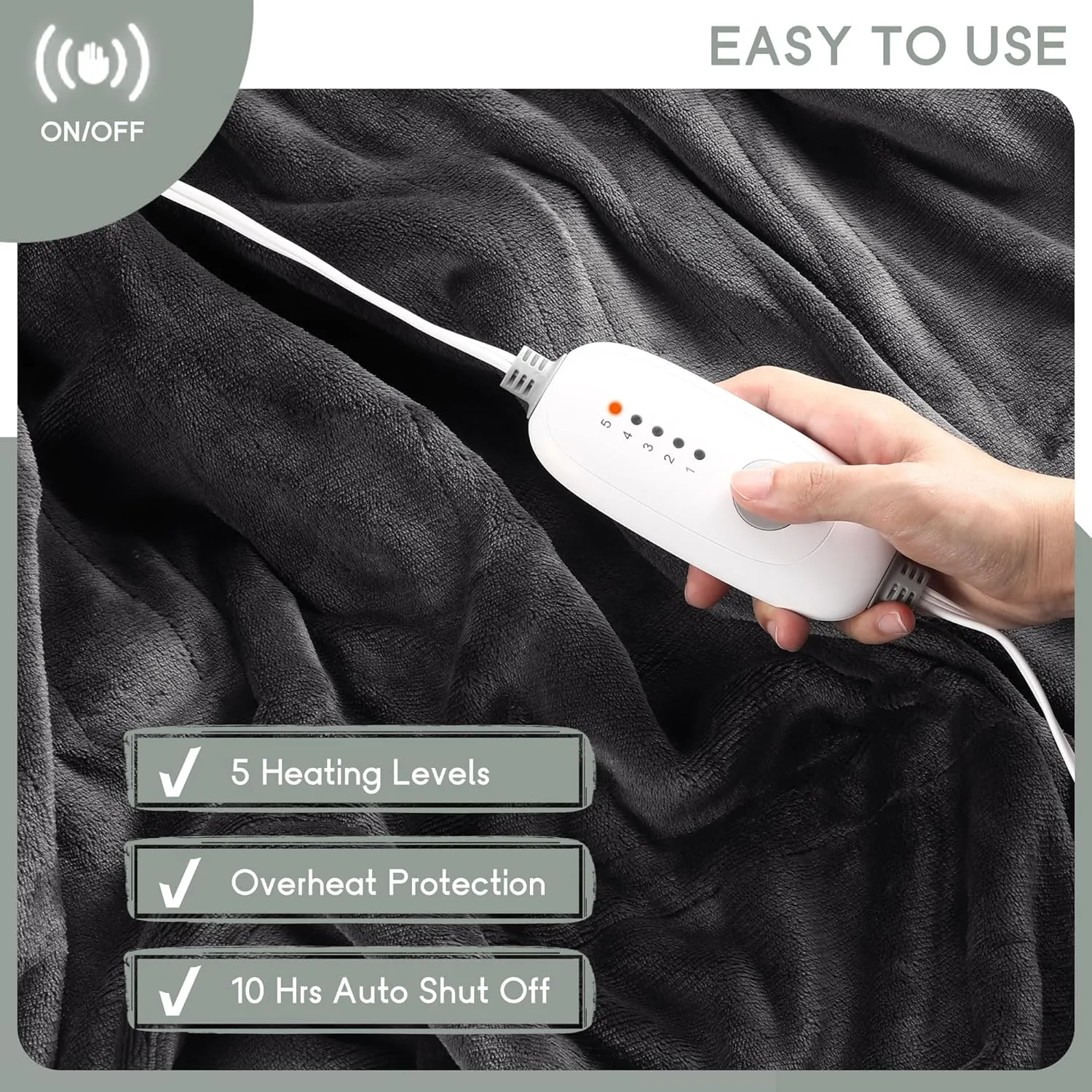 Heated Blanket Electric Blanket Full Size 72''x84'', Soft Flannel Heating Blanket with 10 Hour Auto Off - 5 Heat Settings - Machine Washable - Dark Grey