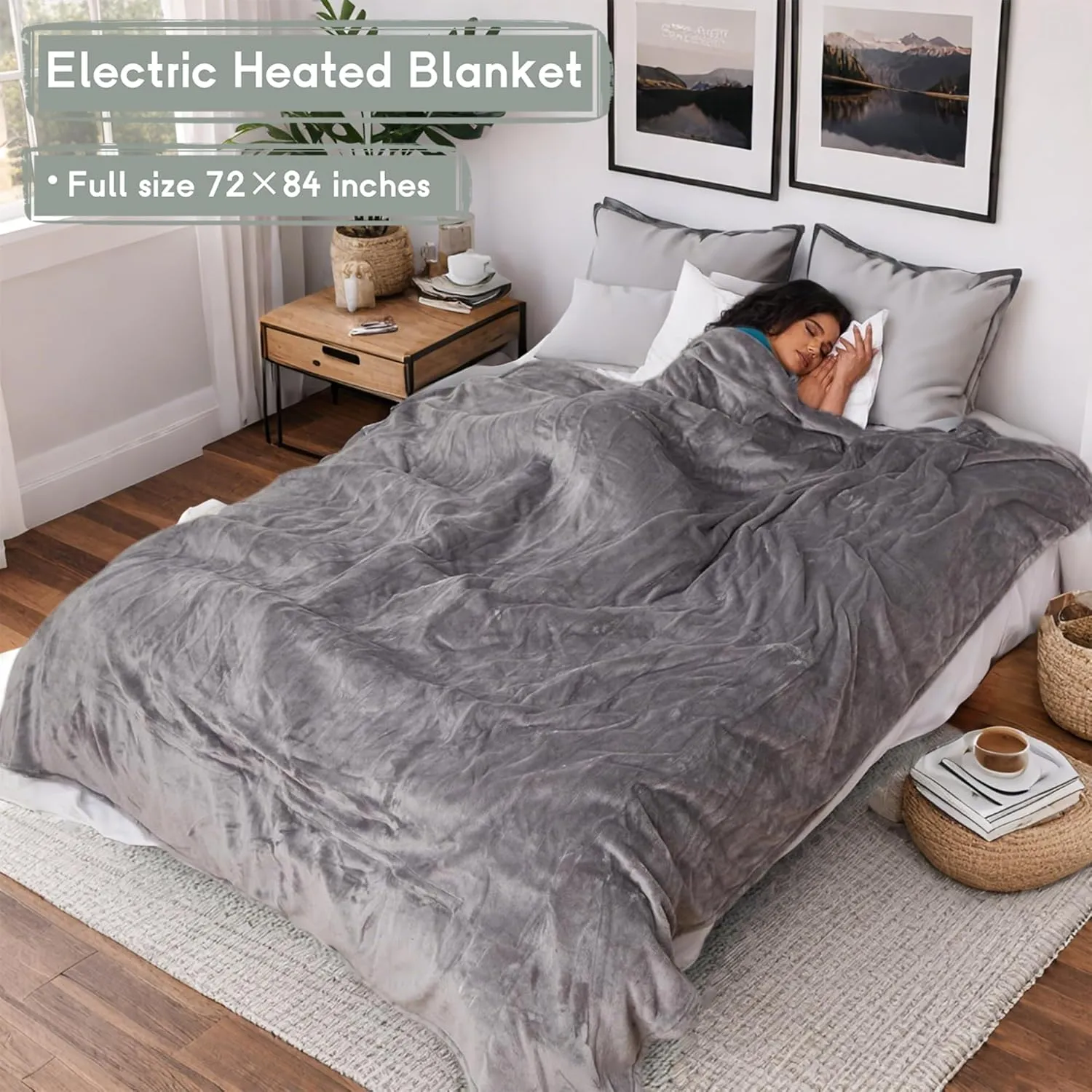 Heated Blanket Electric Blanket Full Size 72''x84'', Soft Flannel Heating Blanket with 10 Hour Auto Off - 5 Heat Settings - Machine Washable - Light Grey
