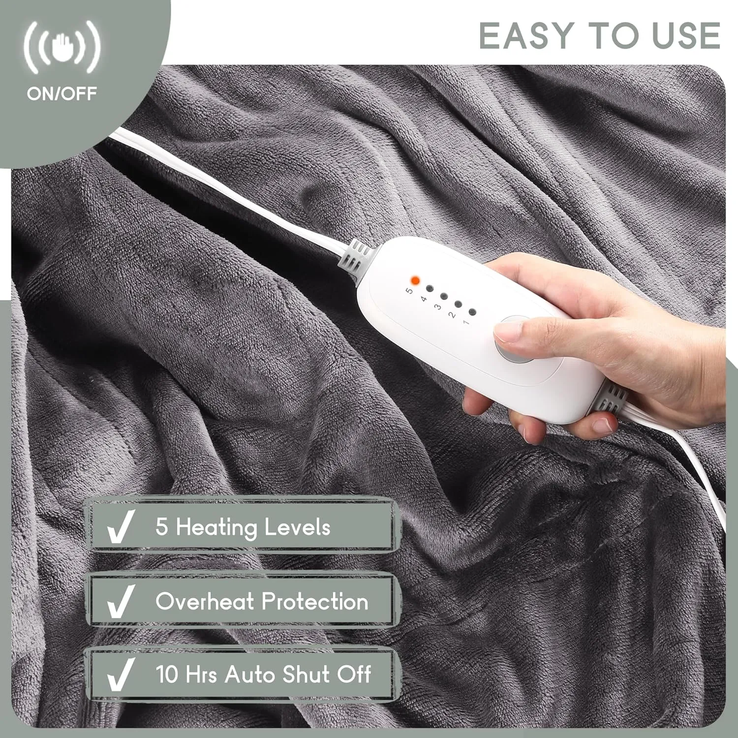 Heated Blanket Electric Blanket Full Size 72''x84'', Soft Flannel Heating Blanket with 10 Hour Auto Off - 5 Heat Settings - Machine Washable - Light Grey