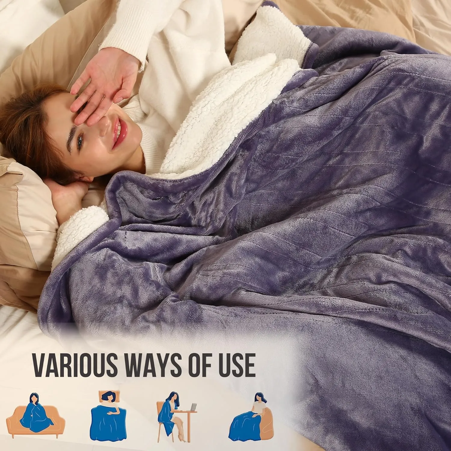 Heated Blanket Electric Blanket Throw - 50"x60" Heating Blanket Throw with 5 Heating Levels Fast Heating, 4 Hours Auto Off & ETL Certified Heated Throw Blanket, Machine Washable, Lavender Purple